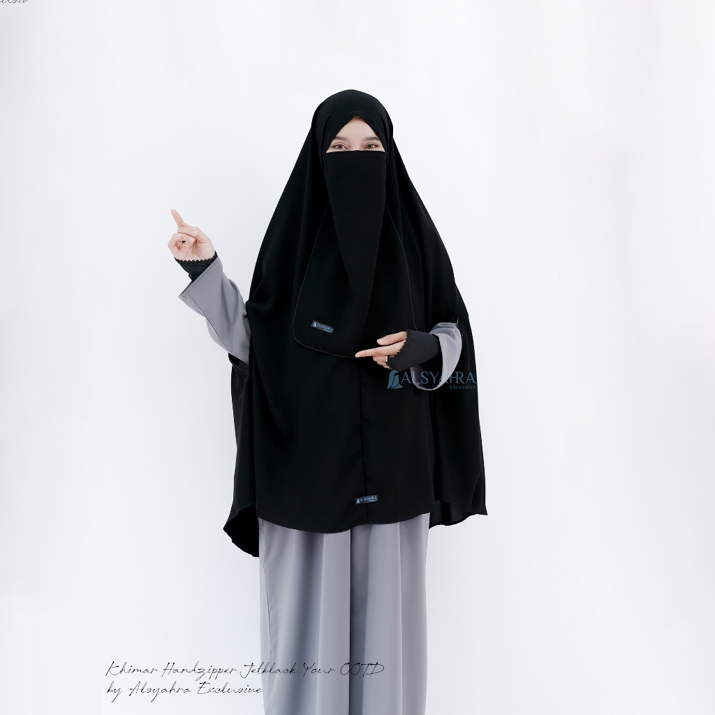 Alsyahra Exclusive - Set Khimar Syari Handzipper Cadar Tali Jetblack Size XL