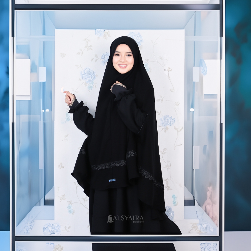 Alsyahra Exclusive - Set Khimar Syari Handzipper Altaj Niqab Poni Jetblack Size XL