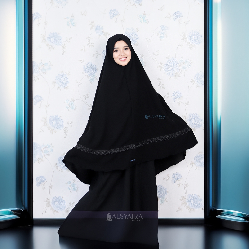Alsyahra Exclusive - Set Khimar Syari Handzipper Altaj Niqab Poni Jetblack Size XL