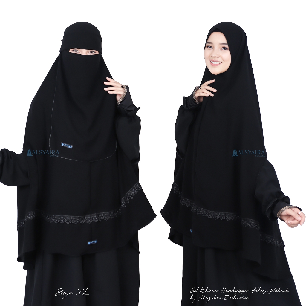Alsyahra Exclusive - Set Khimar Syari Handzipper Altaj Niqab Poni Jetblack Size XL