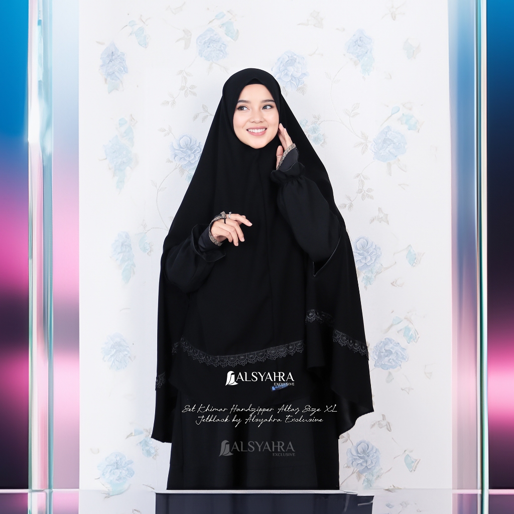 Alsyahra Exclusive - Set Khimar Syari Handzipper Altaj Niqab Poni Jetblack Size XL