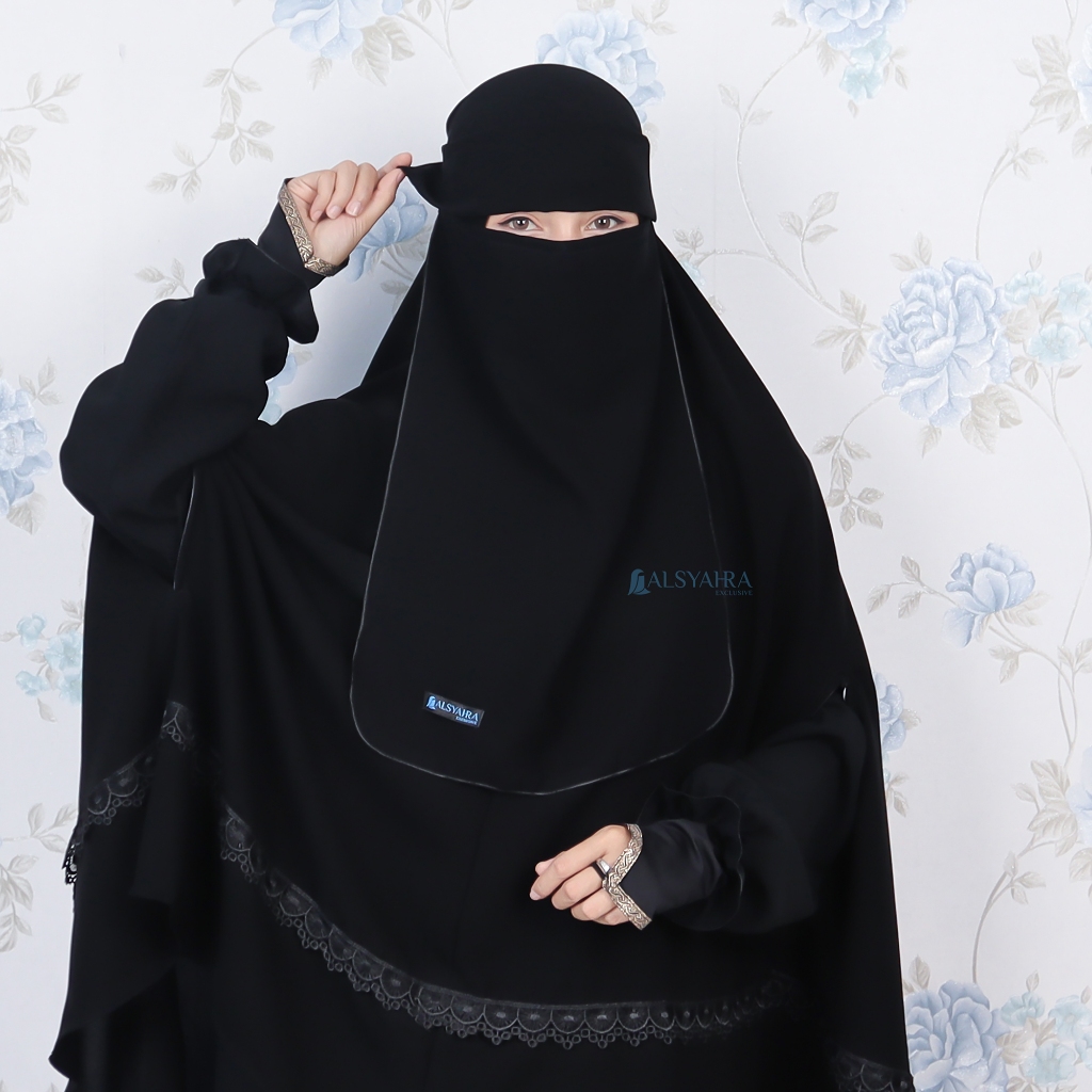 Alsyahra Exclusive - Set Khimar Syari Handzipper Altaj Niqab Poni Jetblack Size XL