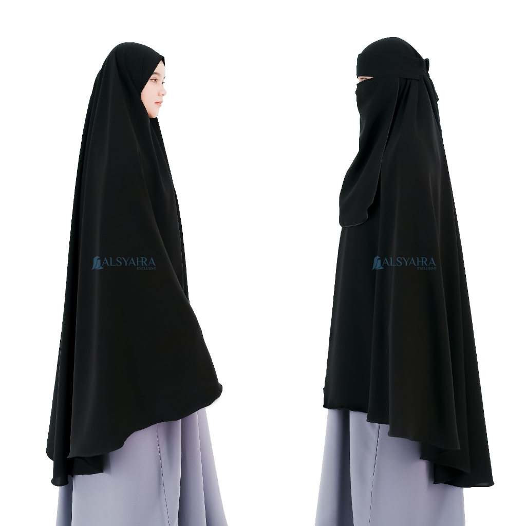 Alsyahra Exclusive - Set Khimar Syari Marwah Non Pad Niqab Bandana Jetblack Size XXL