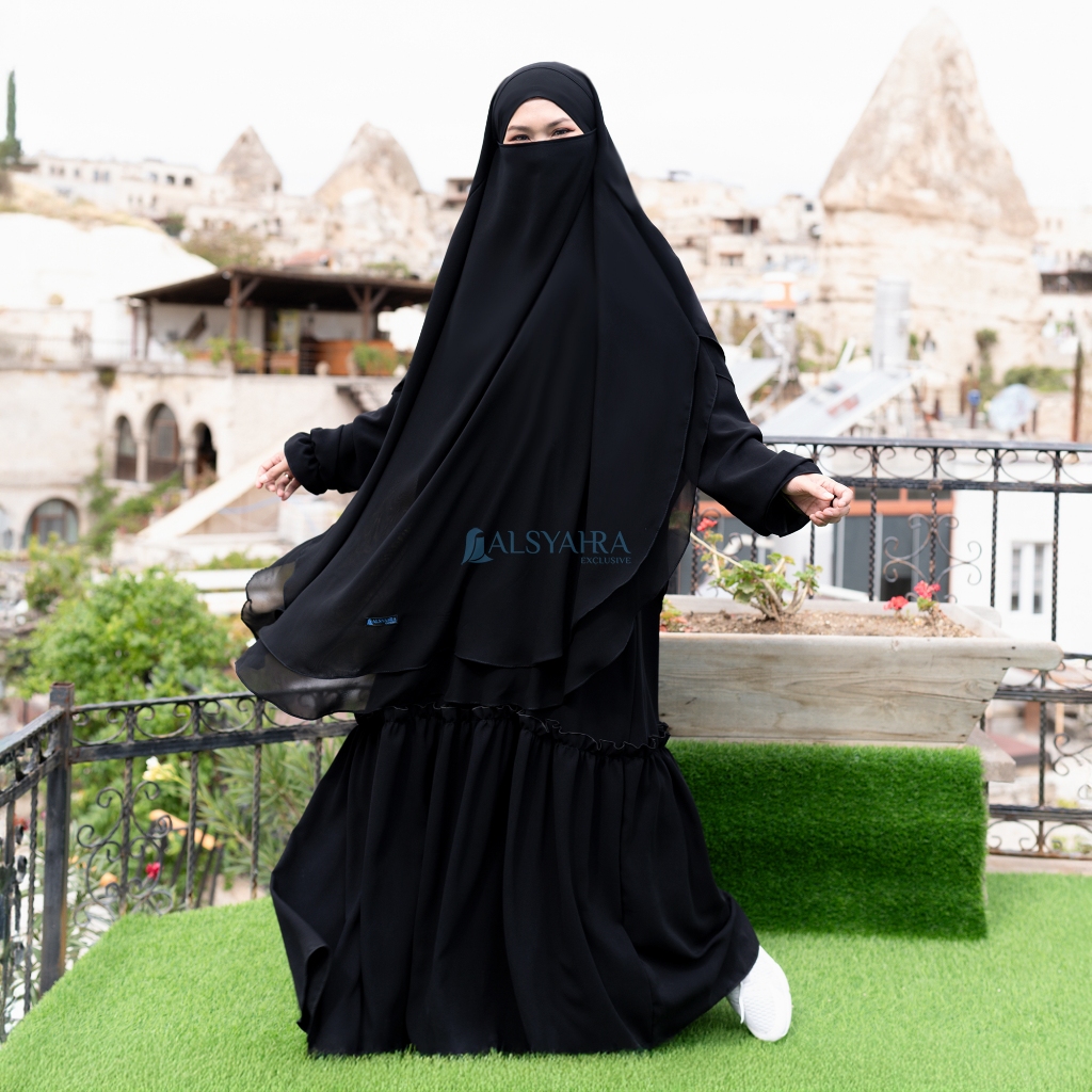 Alsyahra Exclusive - Khiban French Khimar Handless Fatimah 2 Layer Sifon Silk Jetblack Arab Size XL