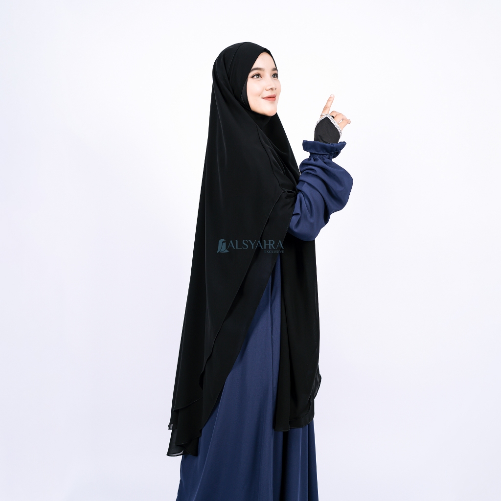 Alsyahra Exclusive - Khiban French Khimar Handless Fatimah 2 Layer Sifon Silk Jetblack Arab Size XL