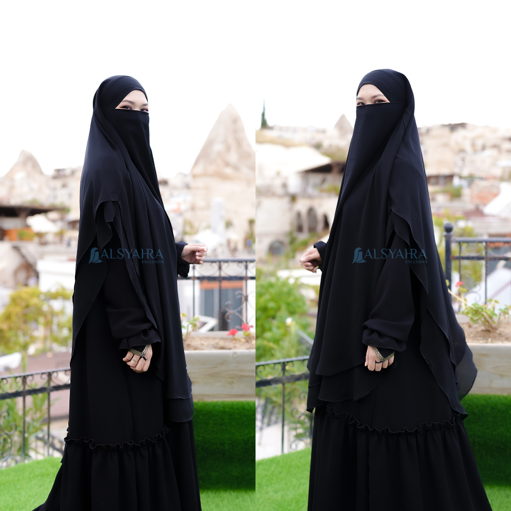 Alsyahra Exclusive - Khiban French Khimar Handless Fatimah 2 Layer Sifon Silk Jetblack Arab Size XL