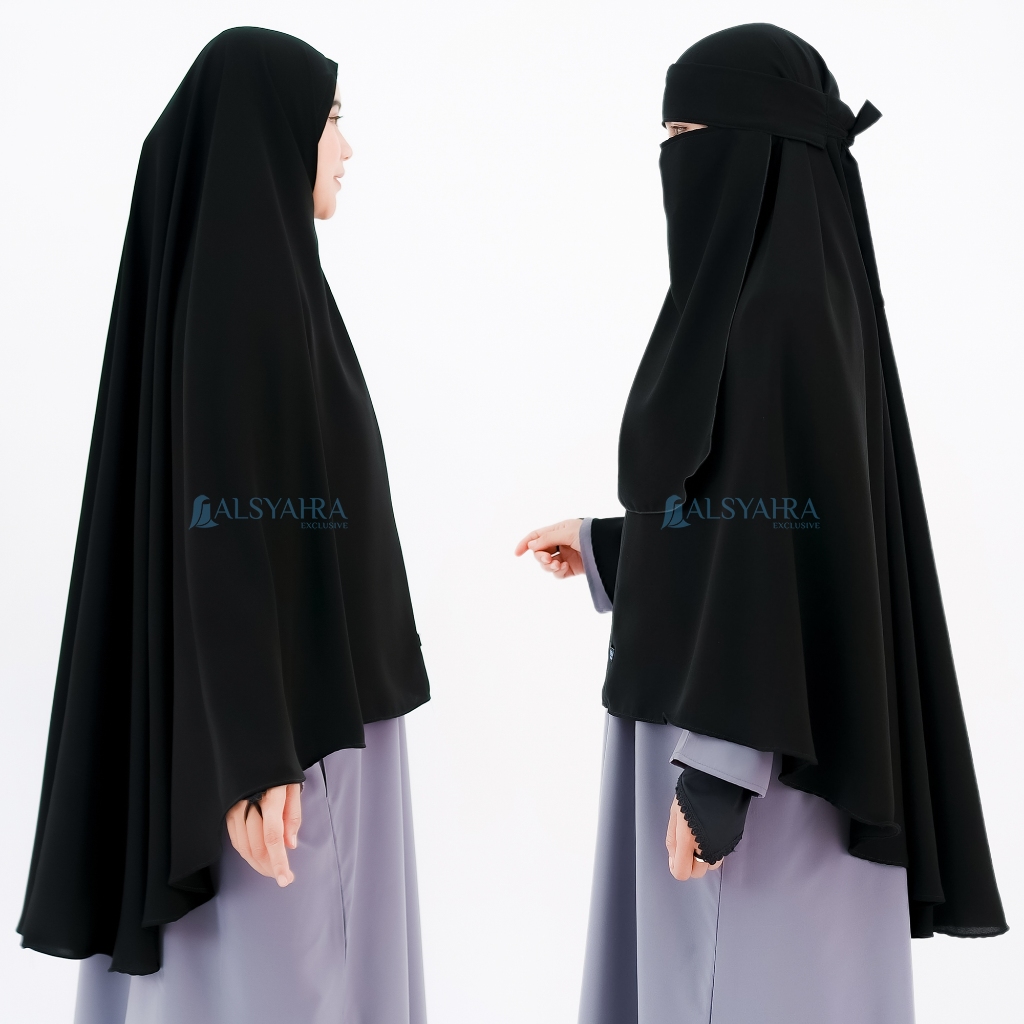 Alsyahra Exclusive - Set Khimar Syari Marwah Non Pad Niqab Bandana Jetblack Size L