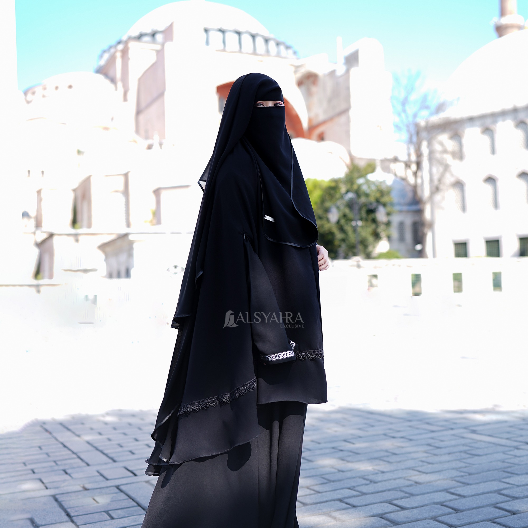 Alsyahra Exclusive - Niqab Yaman Bisban 2 Layer Sifon Silk Jetblack Arab Size L