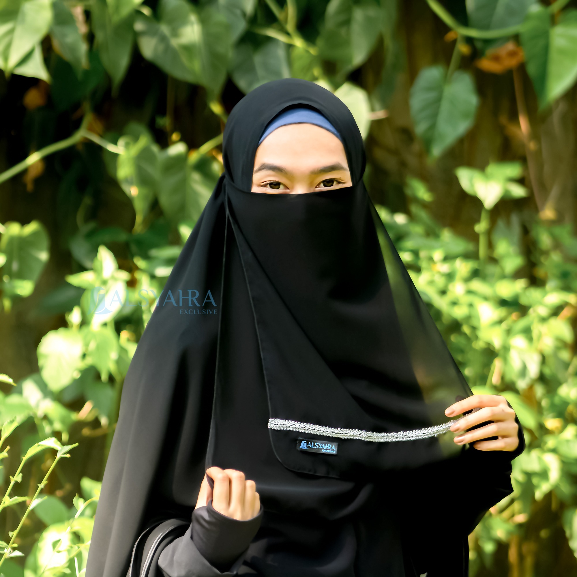 Alsyahra Exclusive - Cadar Tali Zahrah 2 Layer Sifon Silk Jetblack Arab