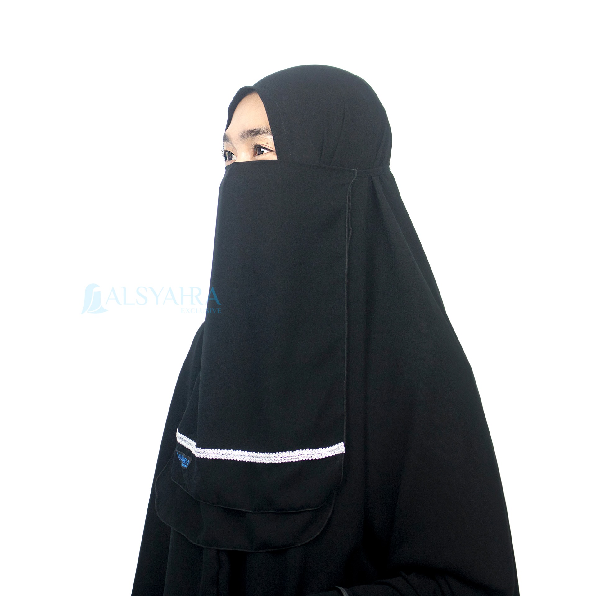 Alsyahra Exclusive - Cadar Tali Zahrah 2 Layer Sifon Silk Jetblack Arab