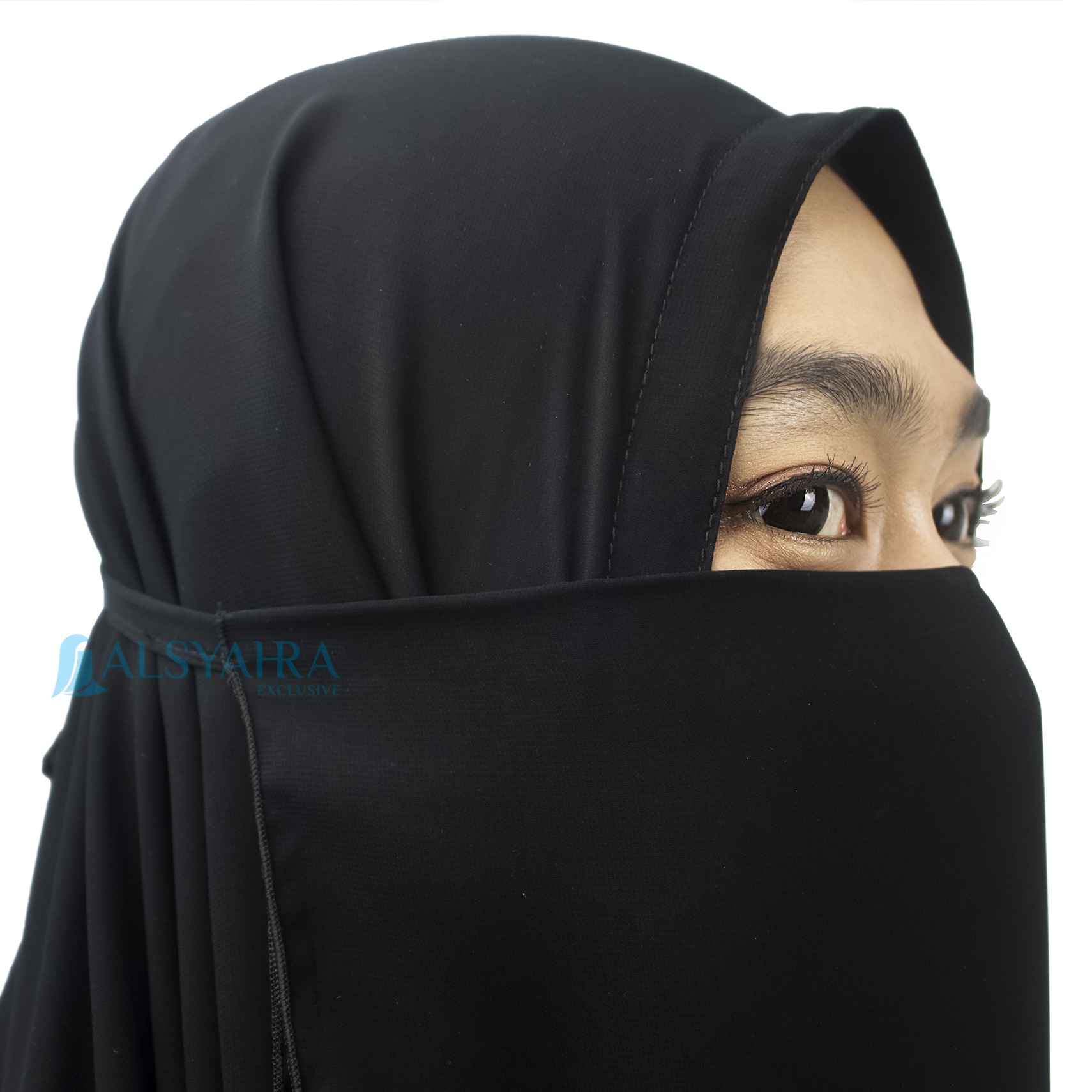 Alsyahra Exclusive - Cadar Tali Zahrah 2 Layer Sifon Silk Jetblack Arab