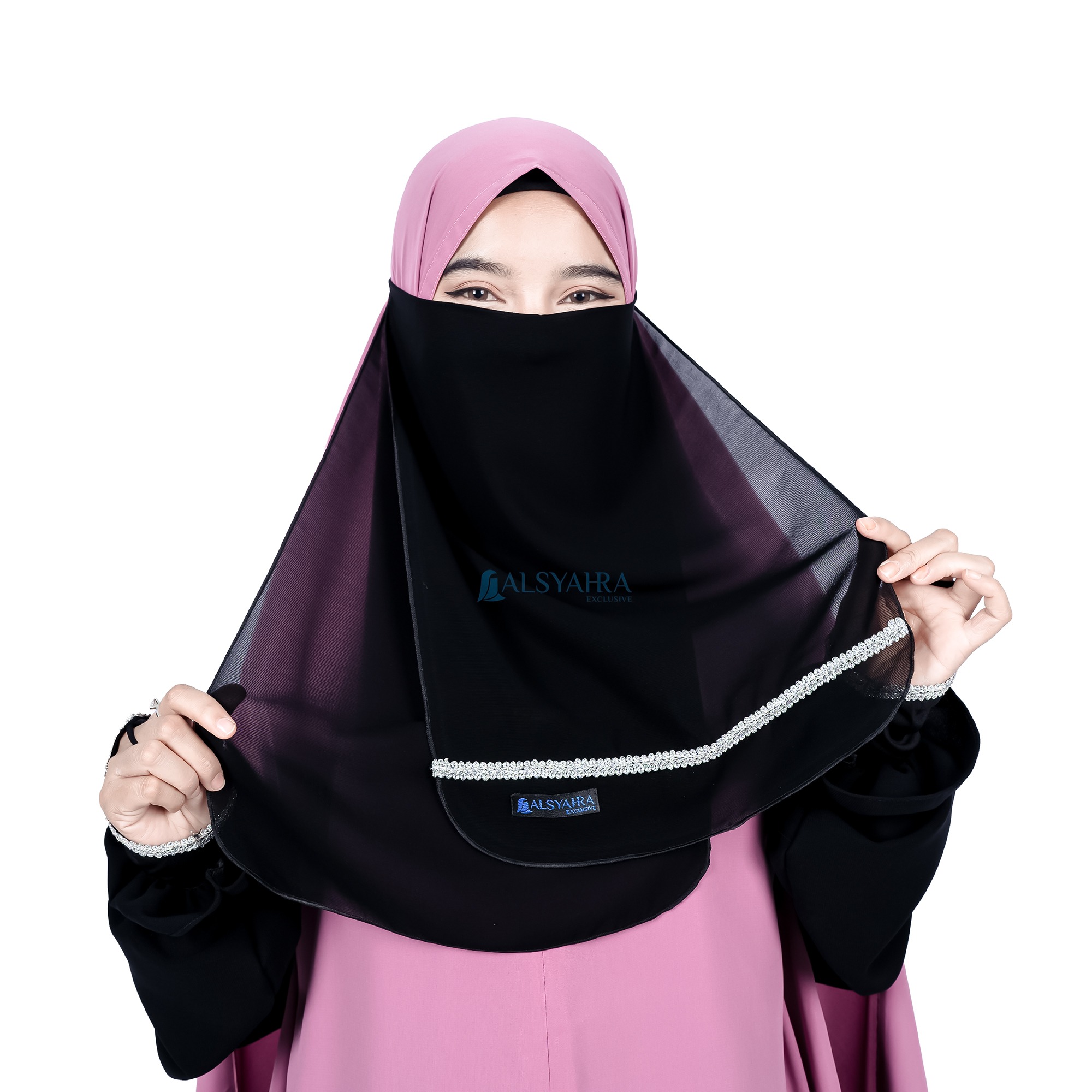 Alsyahra Exclusive - Cadar Tali Zahrah 2 Layer Sifon Silk Jetblack Arab