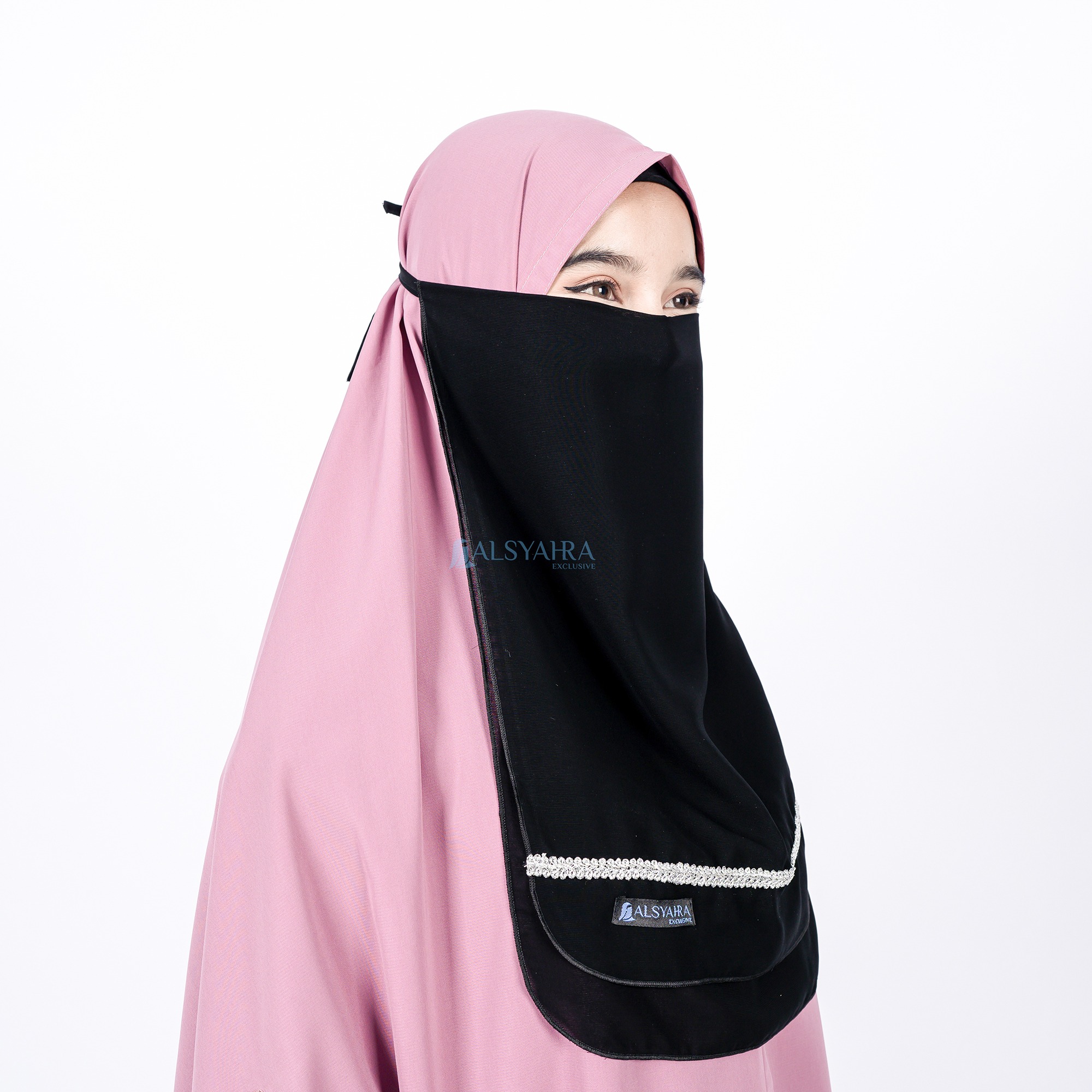 Alsyahra Exclusive - Cadar Tali Zahrah 2 Layer Sifon Silk Jetblack Arab