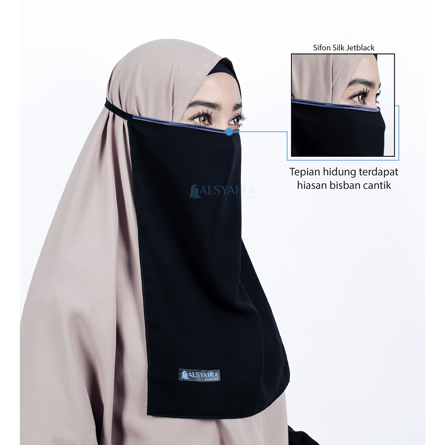Alsyahra Exclusive - Cadar Tali Nose Bisban Sifon Silk Jetblack Arab