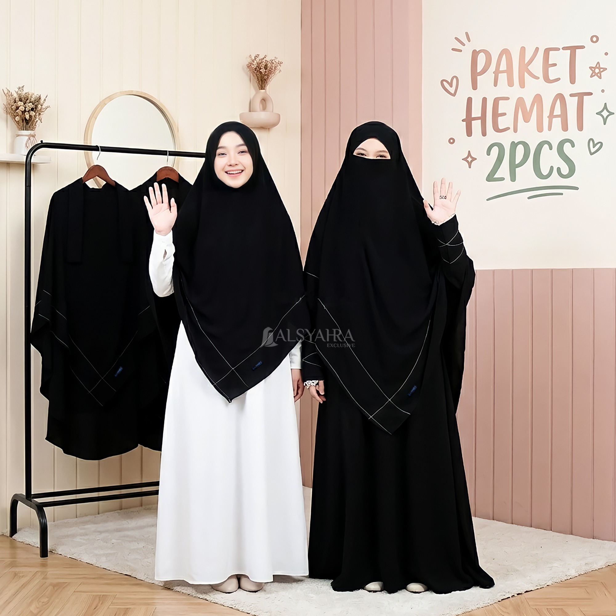 PAKET HEMAT 2PCS French Khimar Maryam Size L dan XL Jetblack Khiban Alsyahra Exclusive