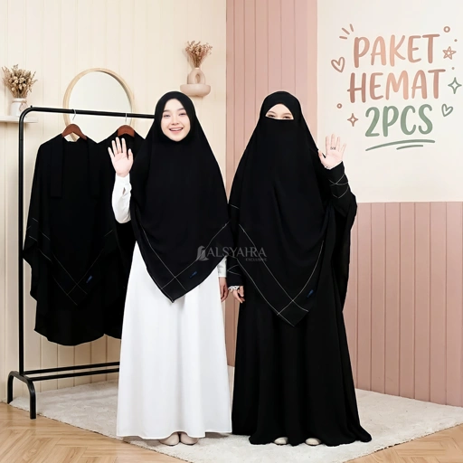 Image of PAKET HEMAT 2PCS French Khimar Maryam Size L dan XL Jetblack Khiban Alsyahra Exclusive