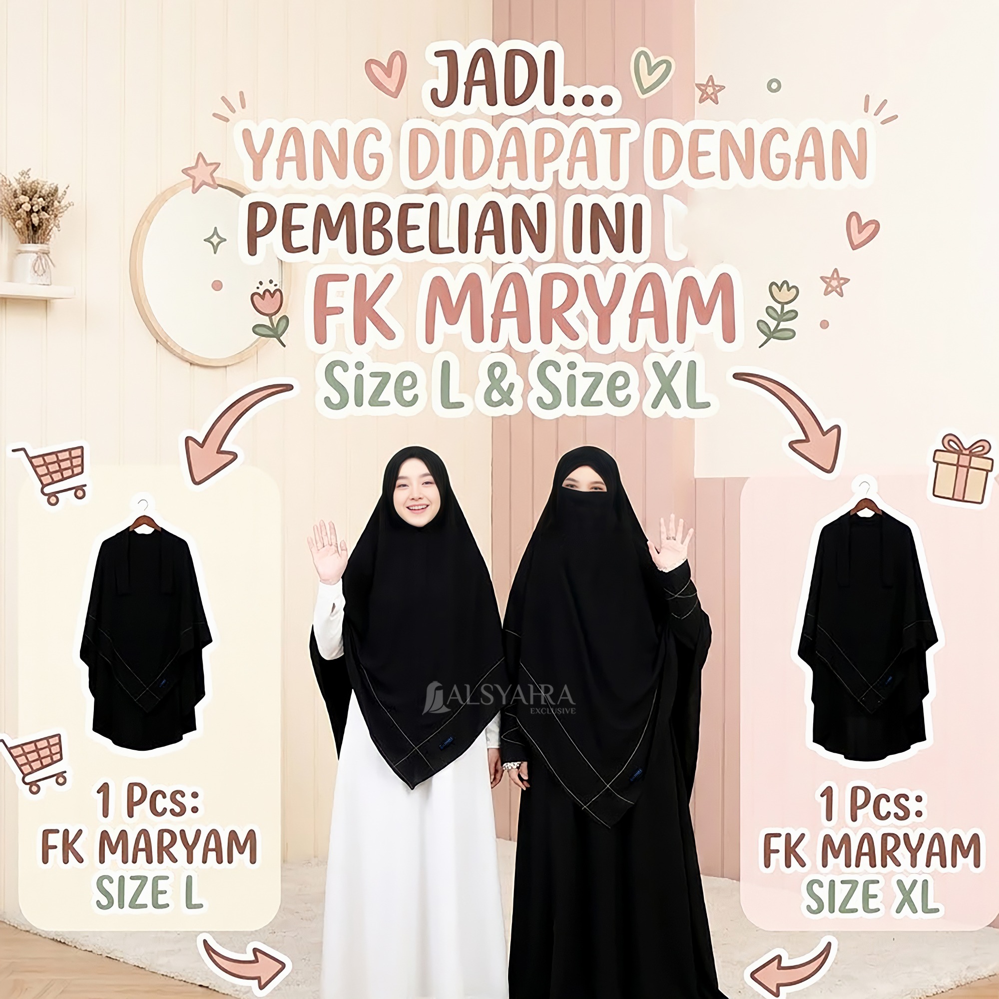PAKET HEMAT 2PCS French Khimar Maryam Size L dan XL Jetblack Khiban Alsyahra Exclusive