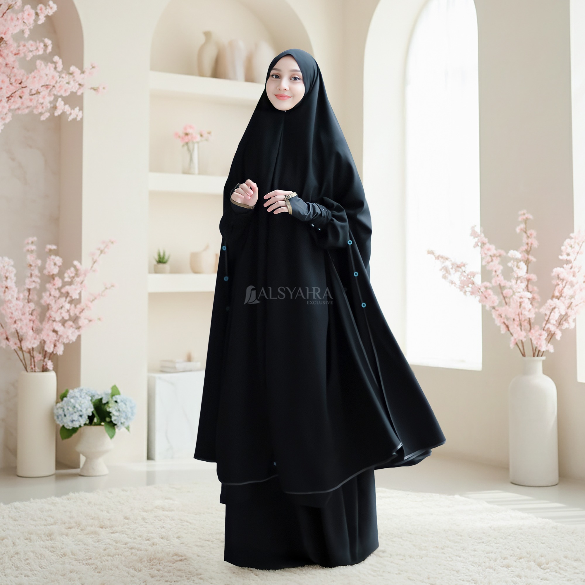 Alsyahra Exclusive - Set Long Khimar Like Mukena Handsplit Raudhah Haramain Cadar Jetblack