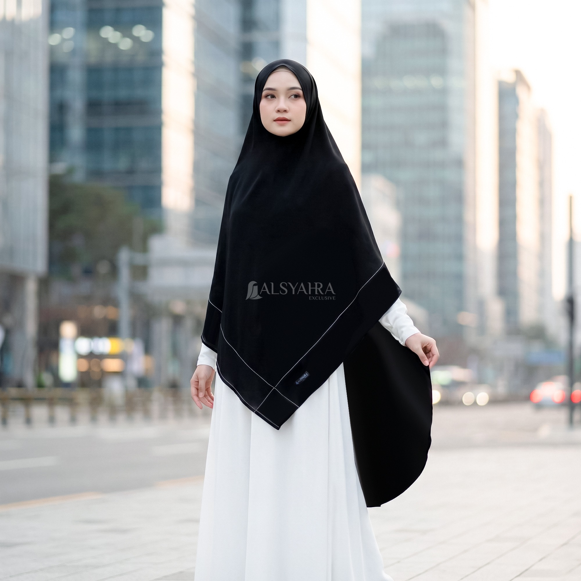 Alsyahra Exclusive - Khiban French Khimar Lancip V Maryam Signature Soft Jetblack