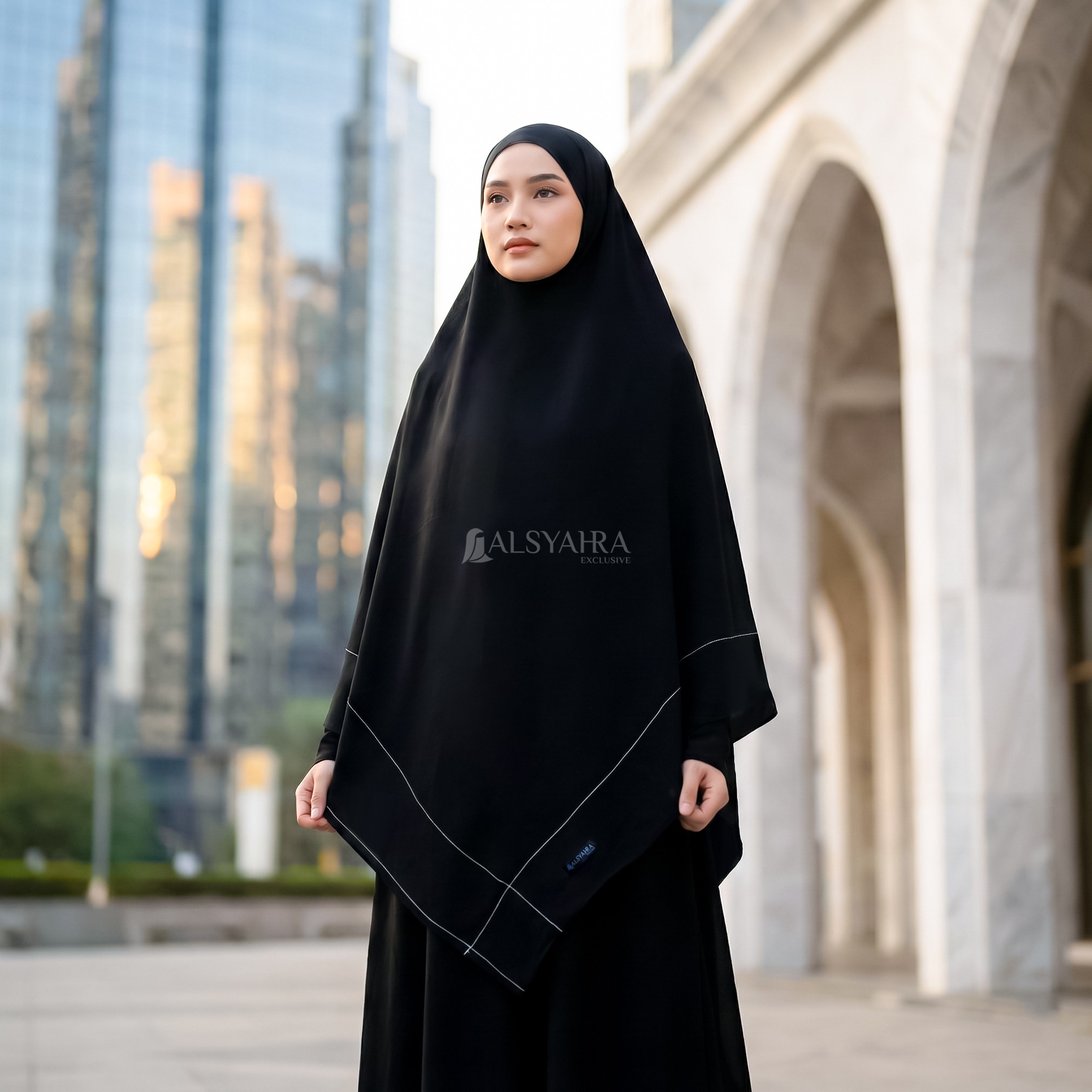 PAKET HEMAT 2PCS French Khimar Maryam Size L dan XL Jetblack Khiban Alsyahra Exclusive