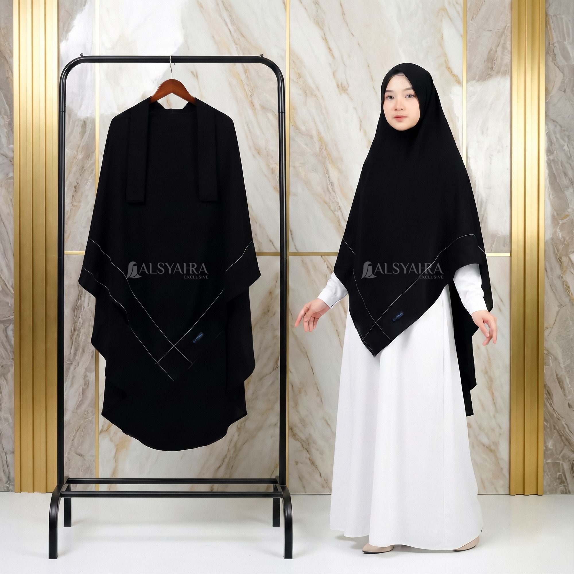 PAKET HEMAT 2PCS French Khimar Maryam Size L dan XL Jetblack Khiban Alsyahra Exclusive