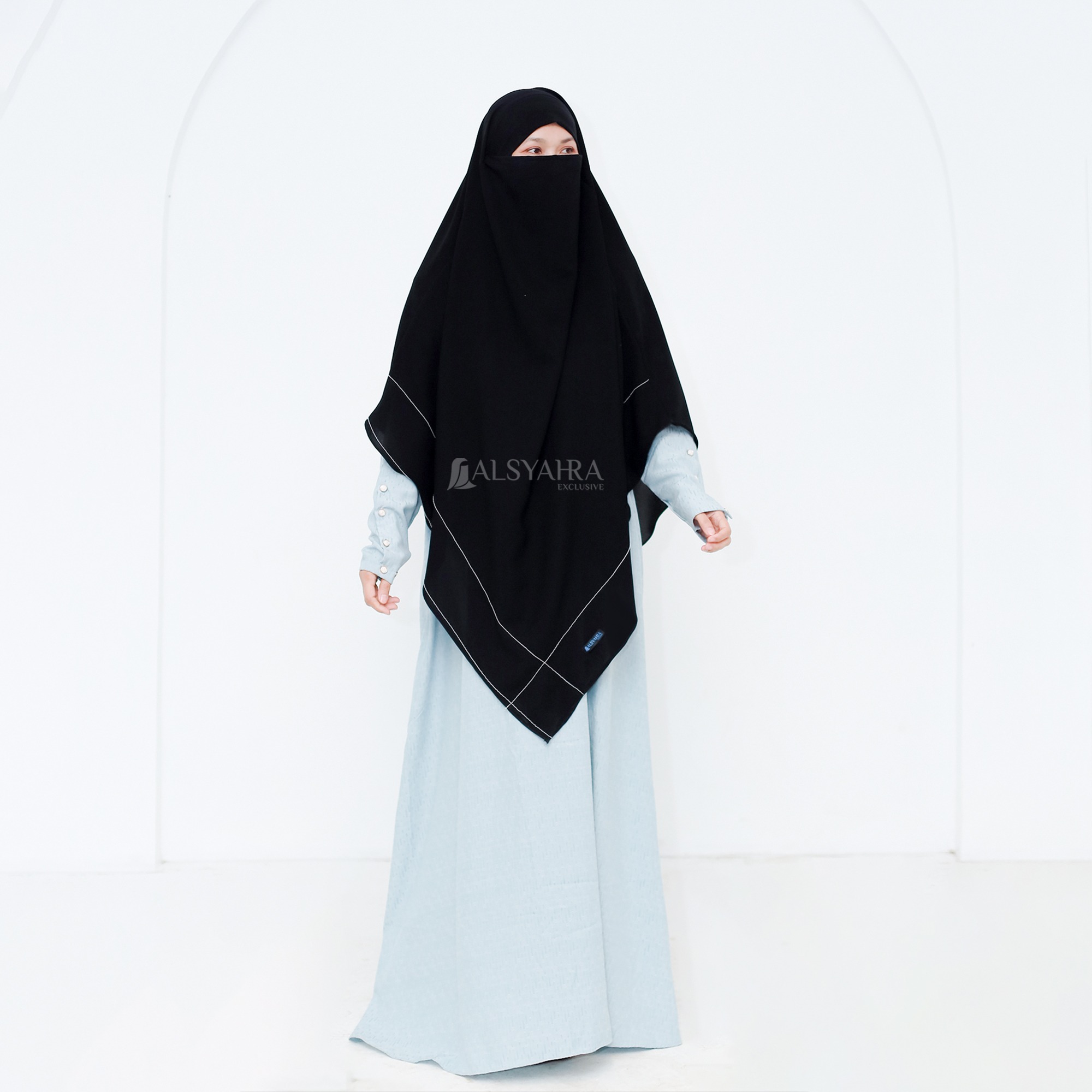 Alsyahra Exclusive - Khiban French Khimar Lancip V Maryam Signature Soft Jetblack