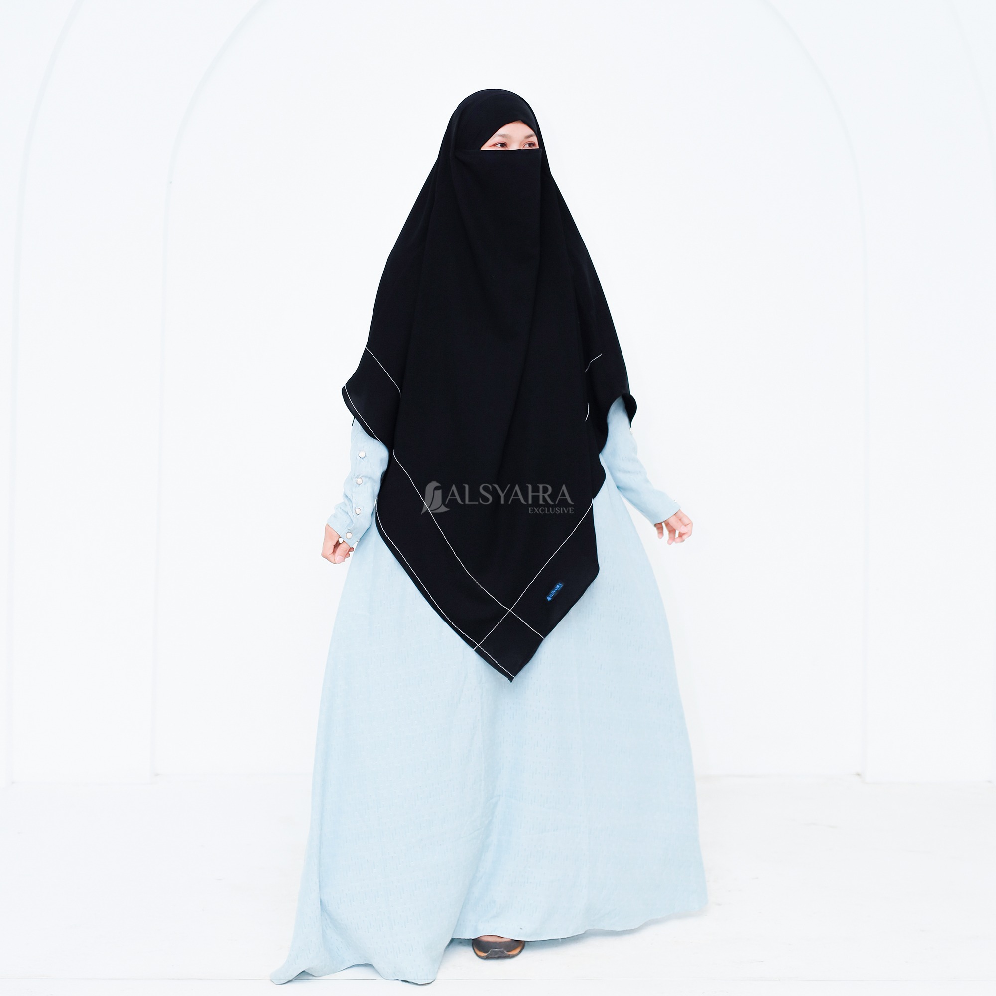 Alsyahra Exclusive - Khiban French Khimar Lancip V Maryam Signature Soft Jetblack