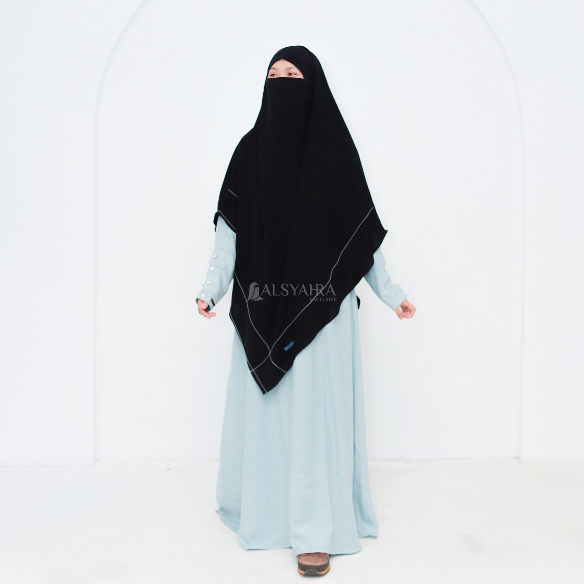 Alsyahra Exclusive - Khiban French Khimar Lancip V Maryam Signature Soft Jetblack