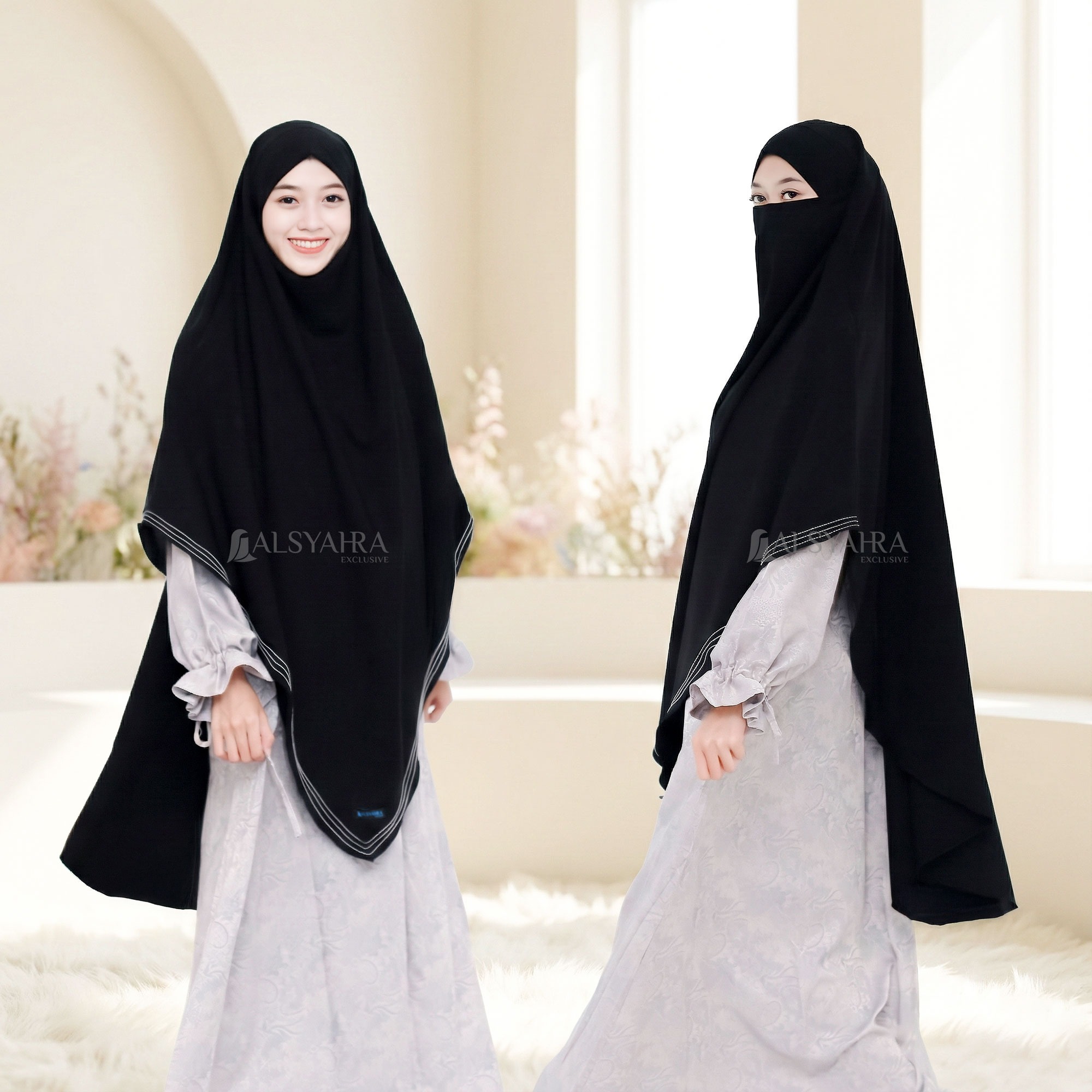 Alsyahra Exclusive - Khiban French Khimar Lancip V Zainab Signature Soft Jetblack