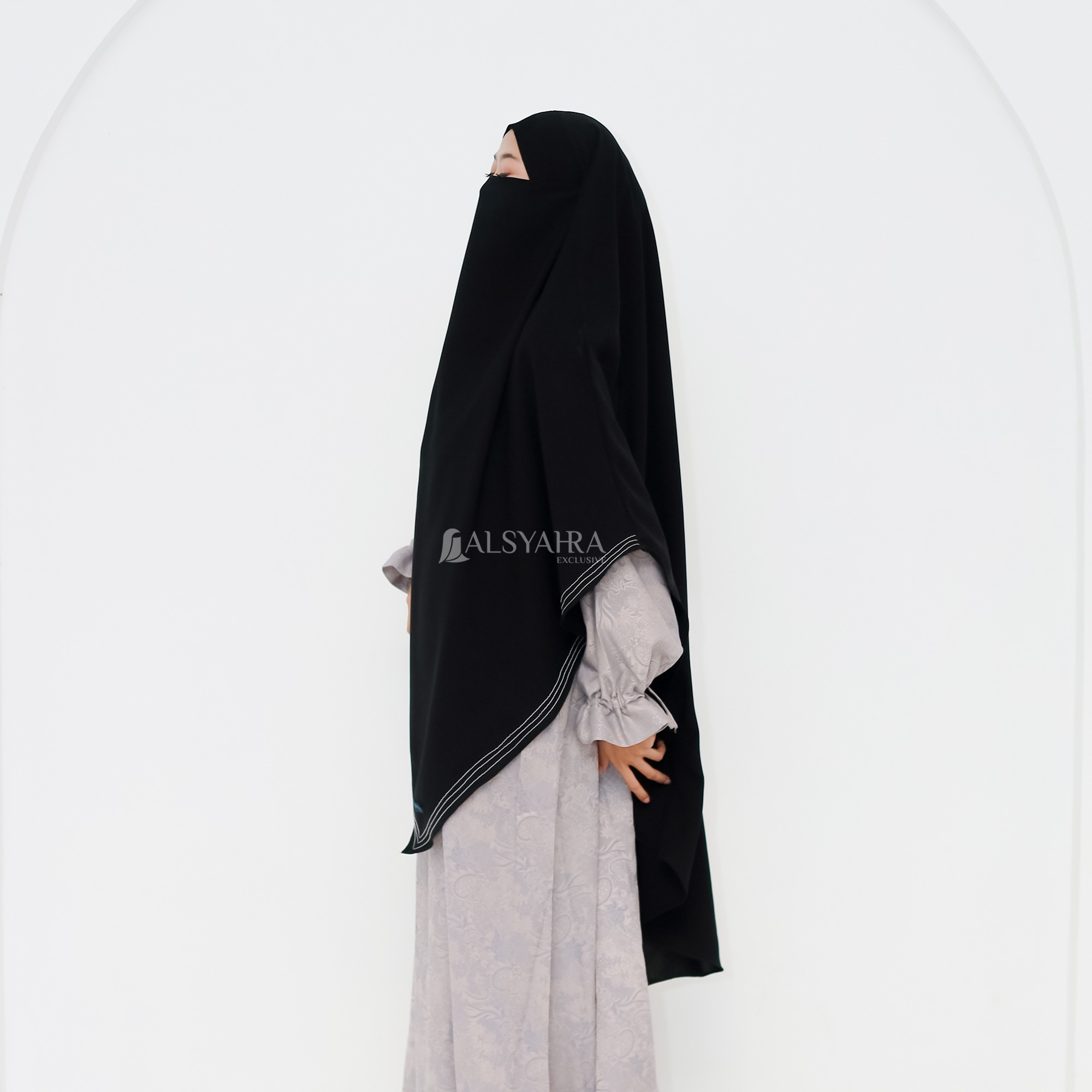 Alsyahra Exclusive - Khiban French Khimar Lancip V Zainab Signature Soft Jetblack