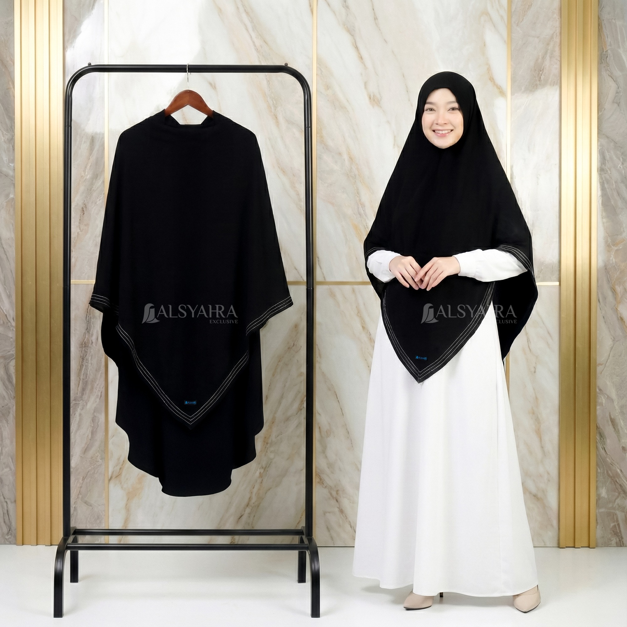 Alsyahra Exclusive - Khiban French Khimar Lancip V Zainab Signature Soft Jetblack