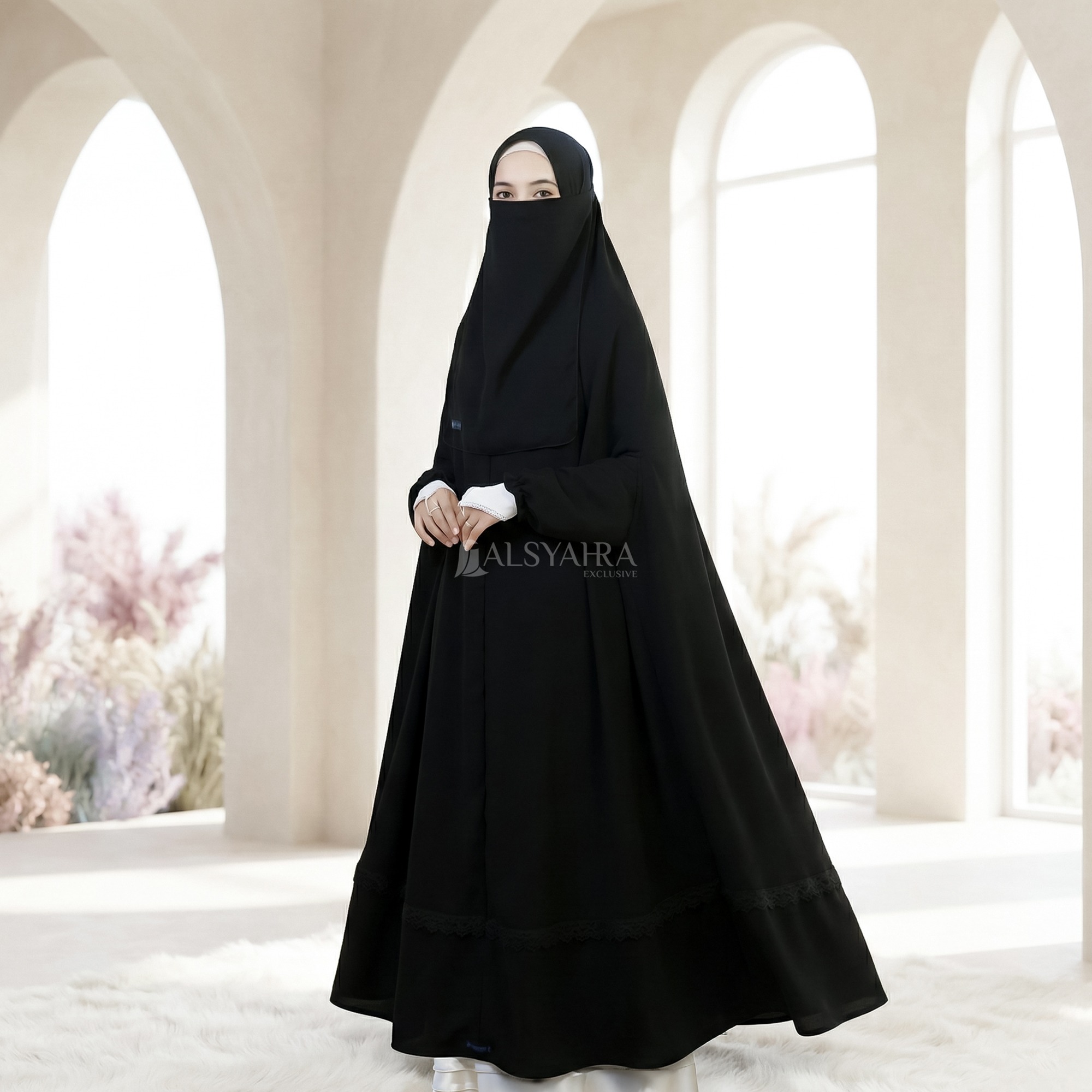 Alsyahra Exclusive - Set Long Khimar Lengan Like Mukena Shawalia Altaj Haramain Cadar Jetblack