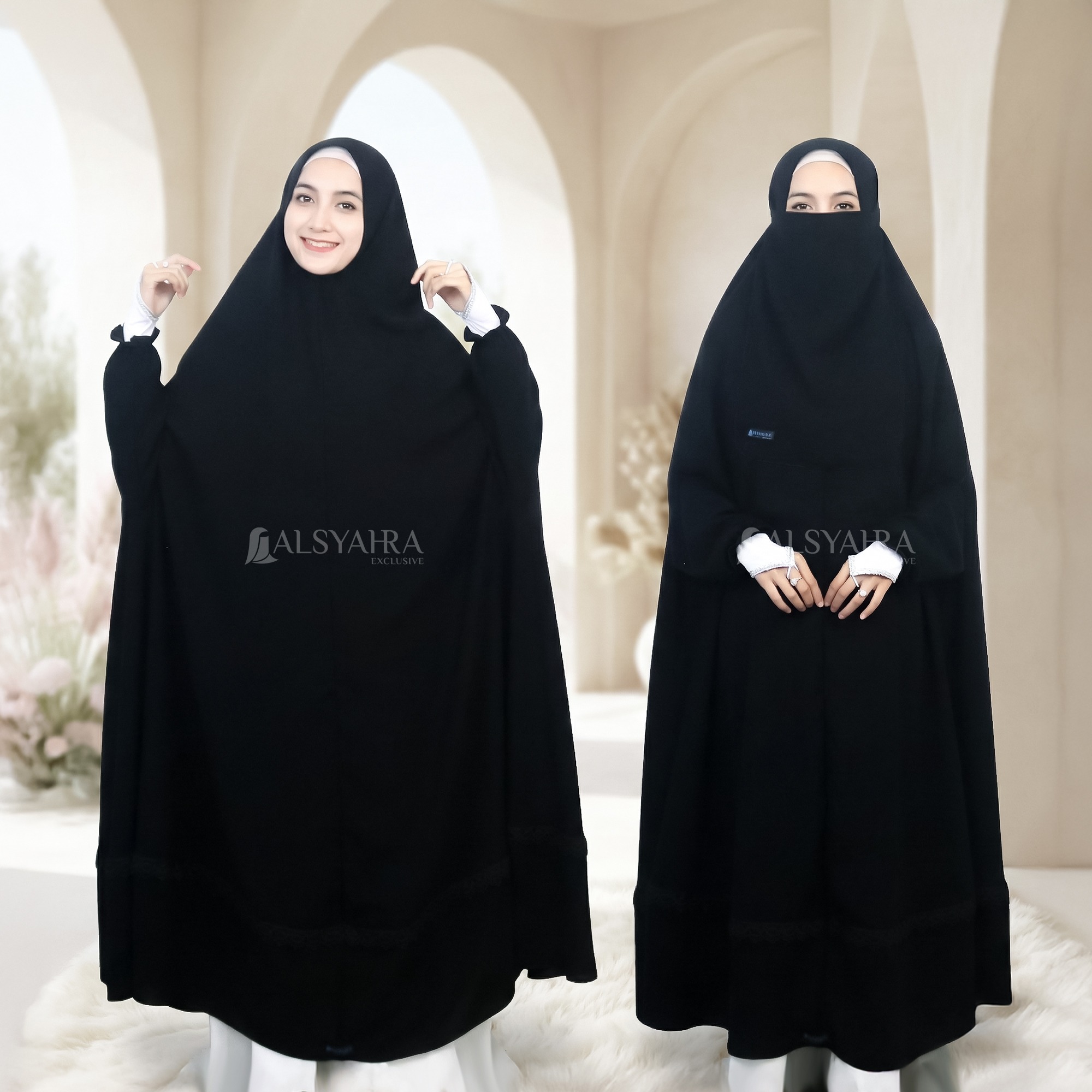 Alsyahra Exclusive - Set Long Khimar Lengan Like Mukena Shawalia Altaj Haramain Cadar Jetblack