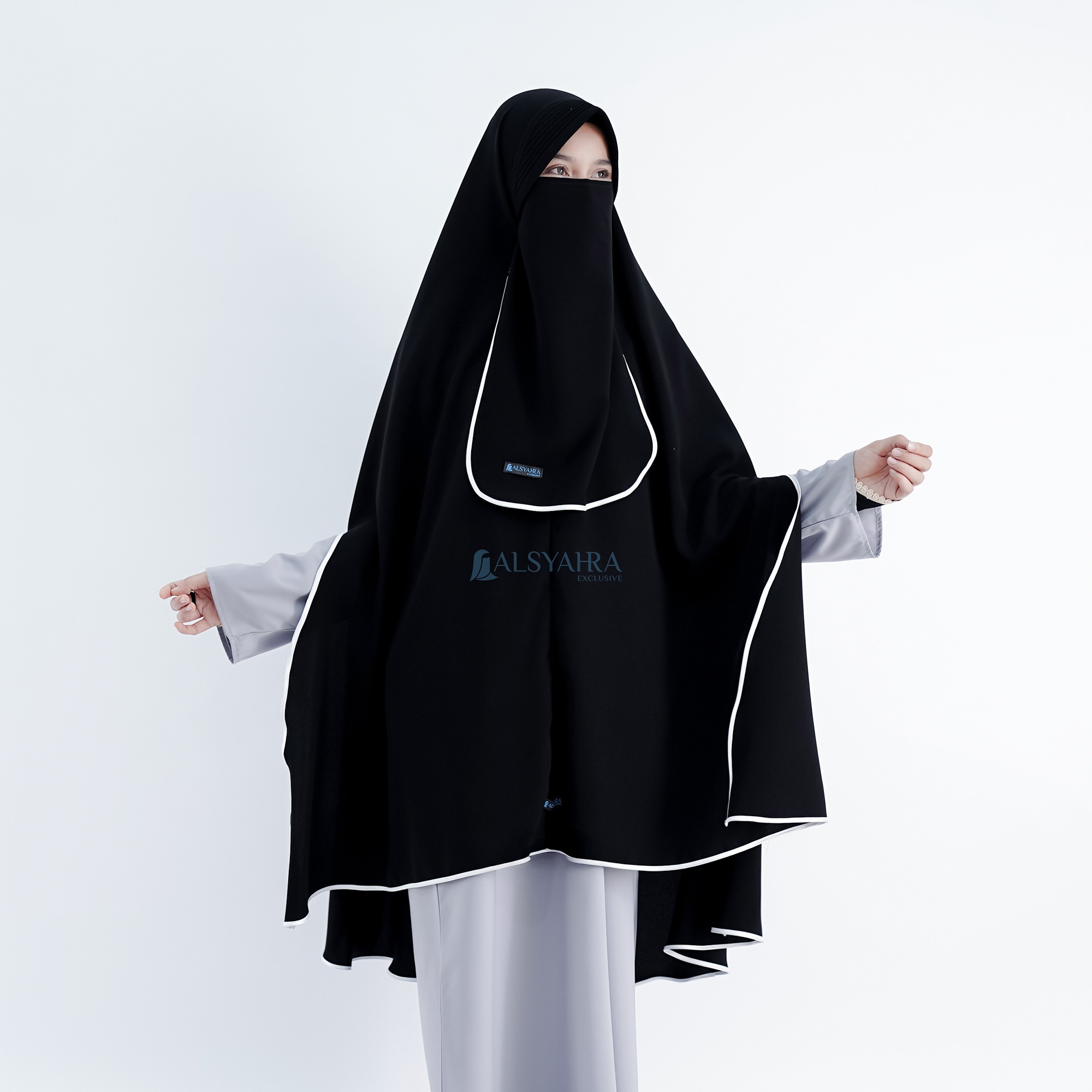 Alsyahra Exclusive - Set Khimar Syari Handsplit Bisban PAD Cadar Tali Jetblack