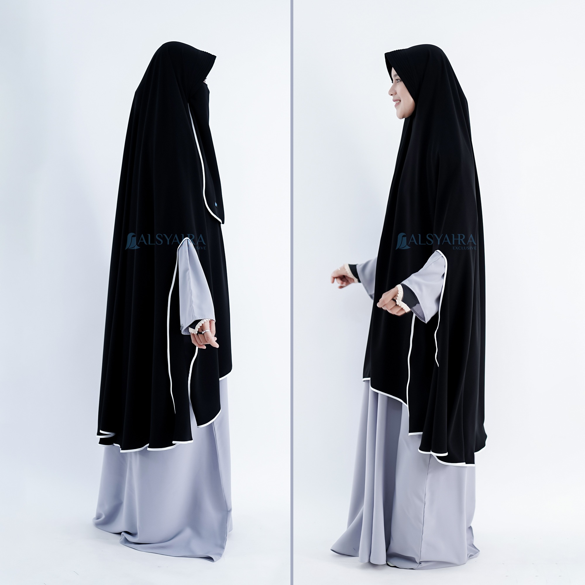 Alsyahra Exclusive - Set Khimar Syari Handsplit Bisban PAD Cadar Tali Jetblack