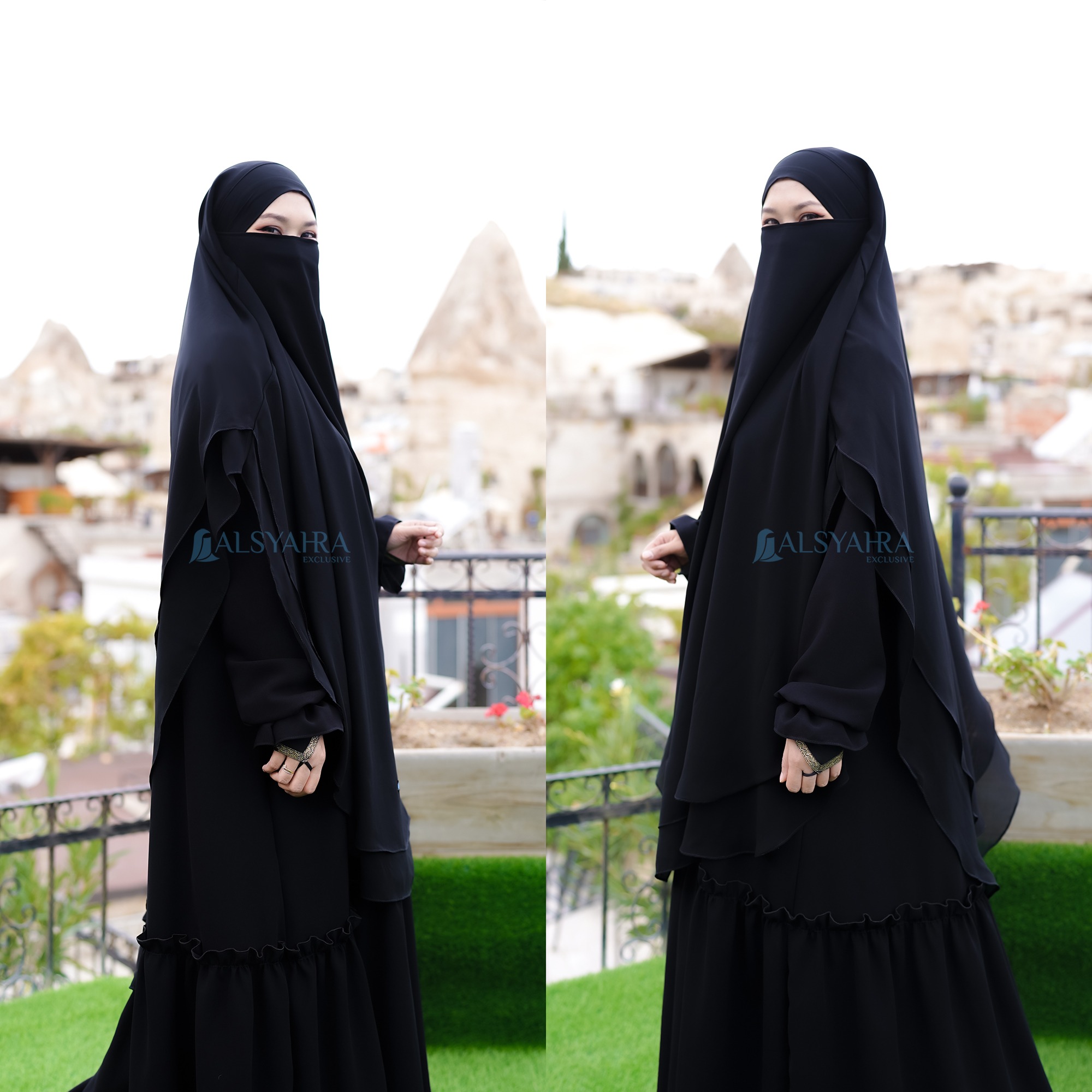Alsyahra Exclusive - Khiban French Khimar Oval Handless Fatimah 2 Layer Sifon Silk Jetblack Arab