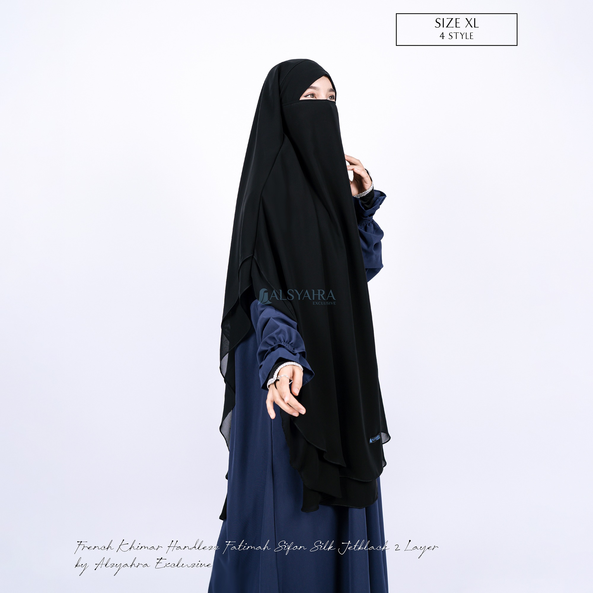 Alsyahra Exclusive - Khiban French Khimar Oval Handless Fatimah 2 Layer Sifon Silk Jetblack Arab