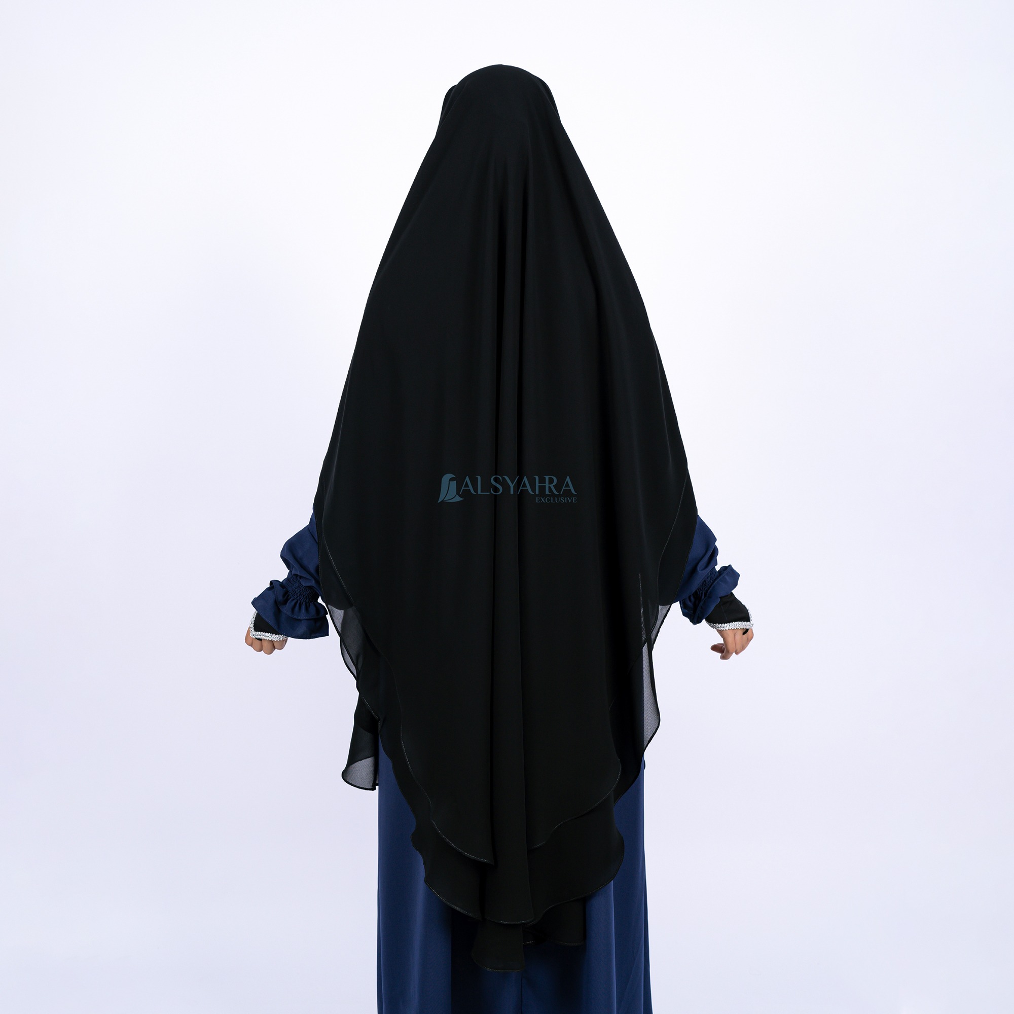 Alsyahra Exclusive - Khiban French Khimar Oval Handless Fatimah 2 Layer Sifon Silk Jetblack Arab