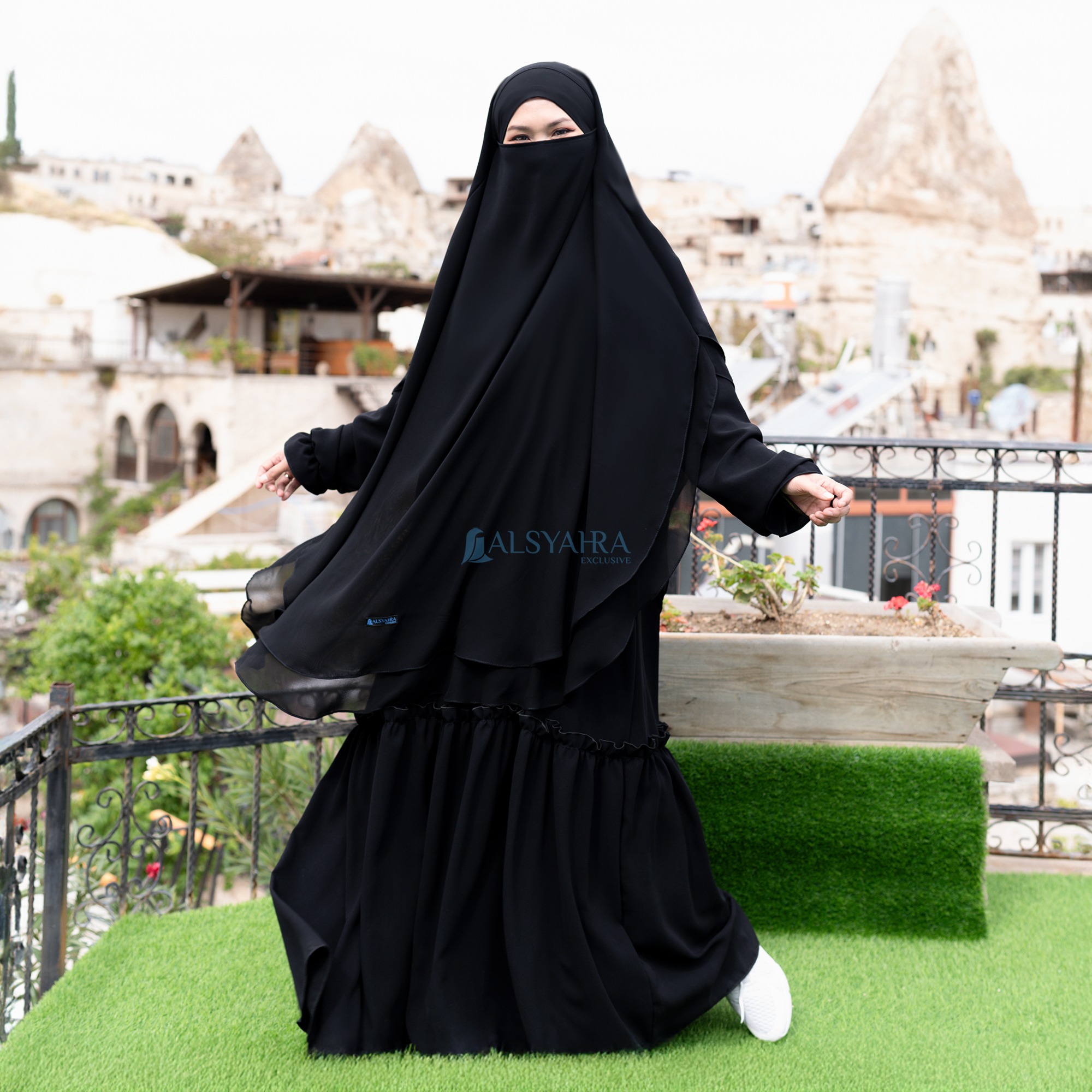 Alsyahra Exclusive - Khiban French Khimar Oval Handless Fatimah 2 Layer Sifon Silk Jetblack Arab