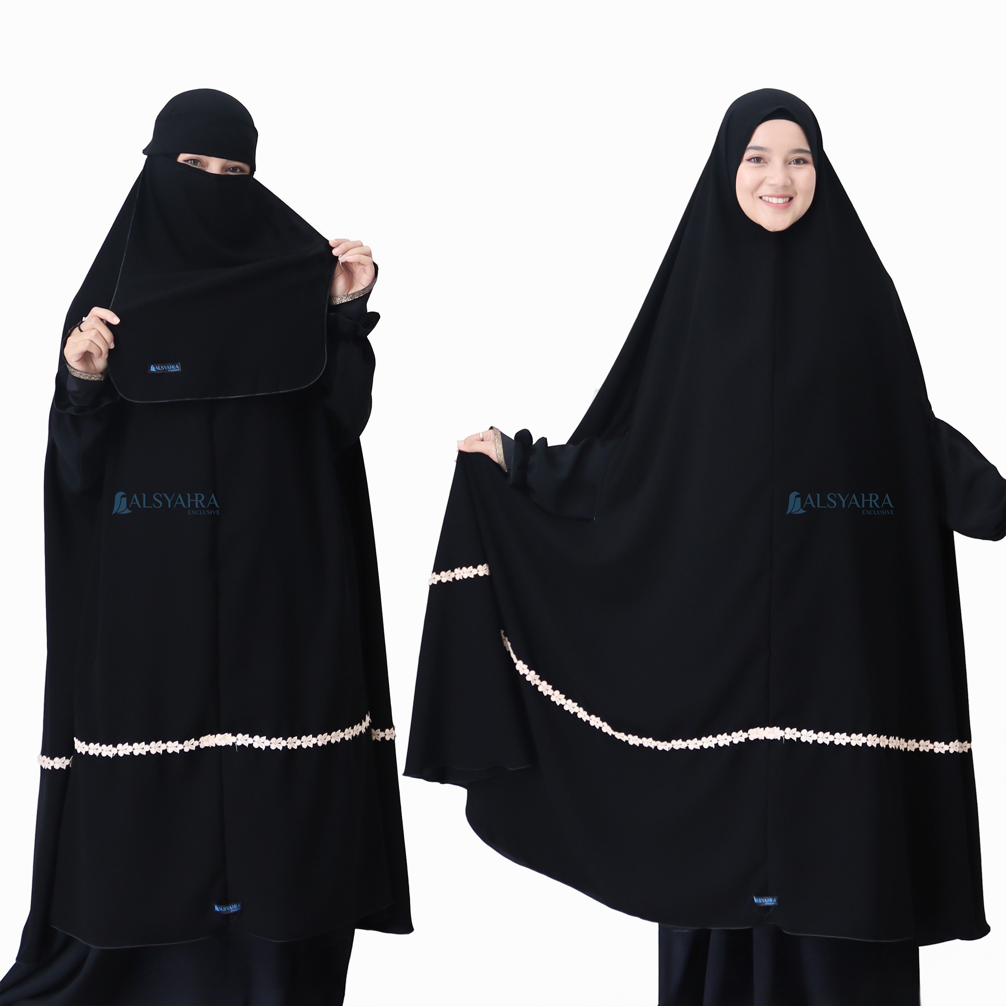 Alsyahra Exclusive - Set Long Khimar Like Mukena Handzipper Nailah Haramain Niqab Poni Soft Jetblack