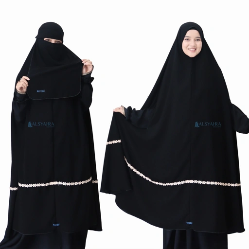 Image of Alsyahra Exclusive - Set Long Khimar Like Mukena Handzipper Nailah Haramain Niqab Poni Soft Jetblack