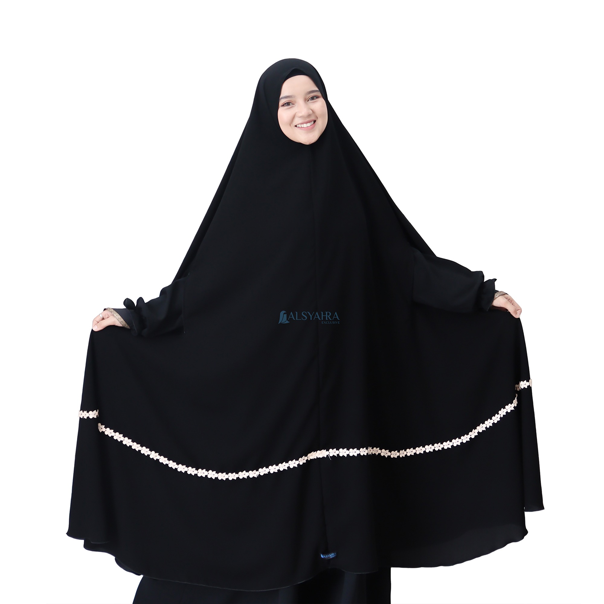 Alsyahra Exclusive - Set Long Khimar Like Mukena Handzipper Nailah Haramain Niqab Poni Soft Jetblack