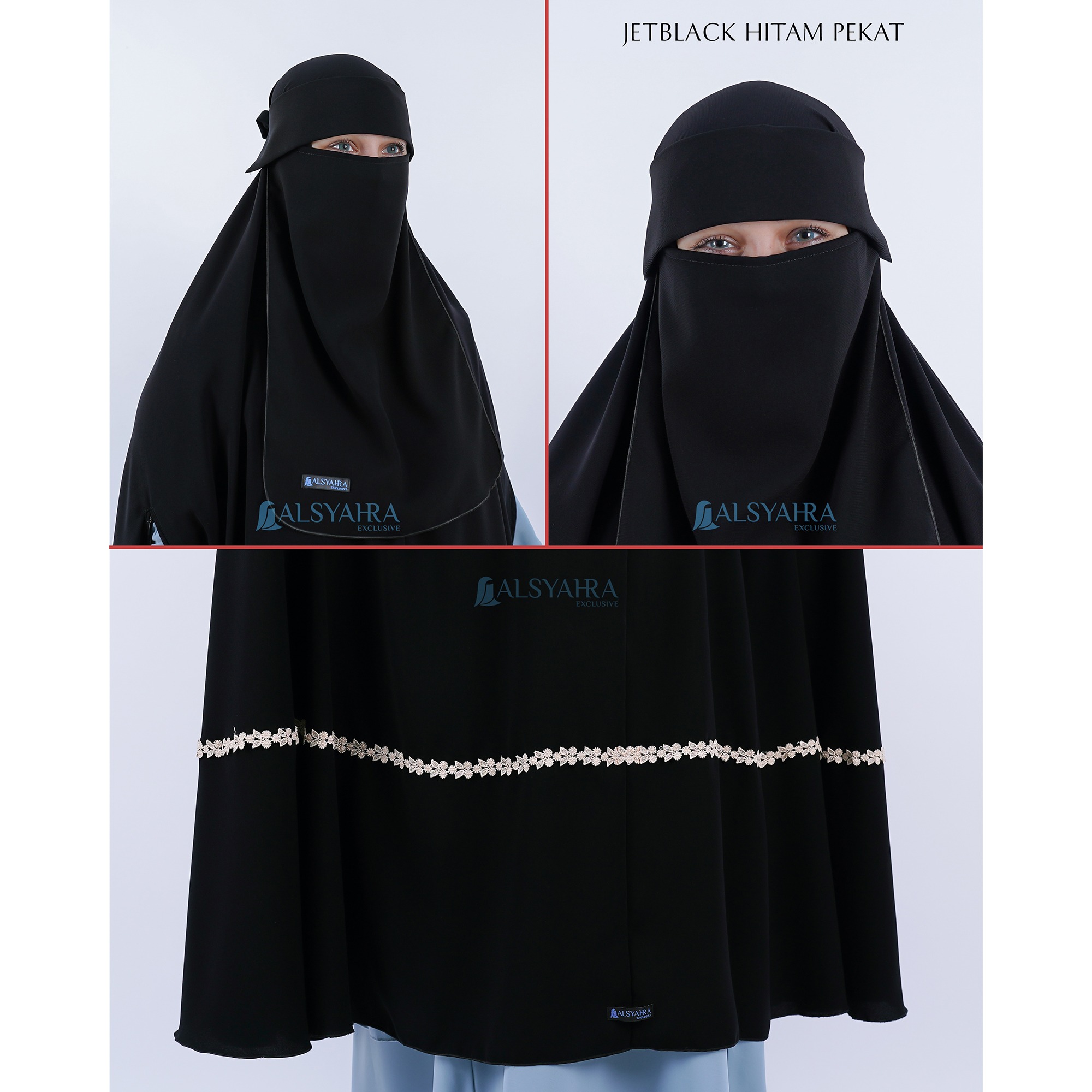 Alsyahra Exclusive - Set Long Khimar Like Mukena Handzipper Nailah Haramain Niqab Poni Soft Jetblack