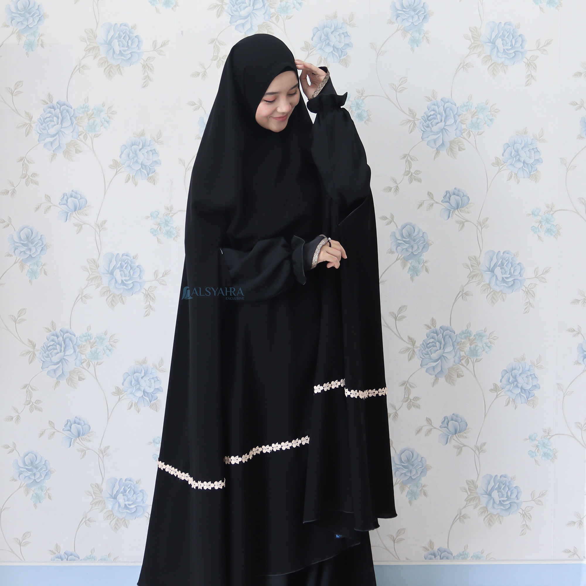 Alsyahra Exclusive - Set Long Khimar Like Mukena Handzipper Nailah Haramain Niqab Poni Soft Jetblack