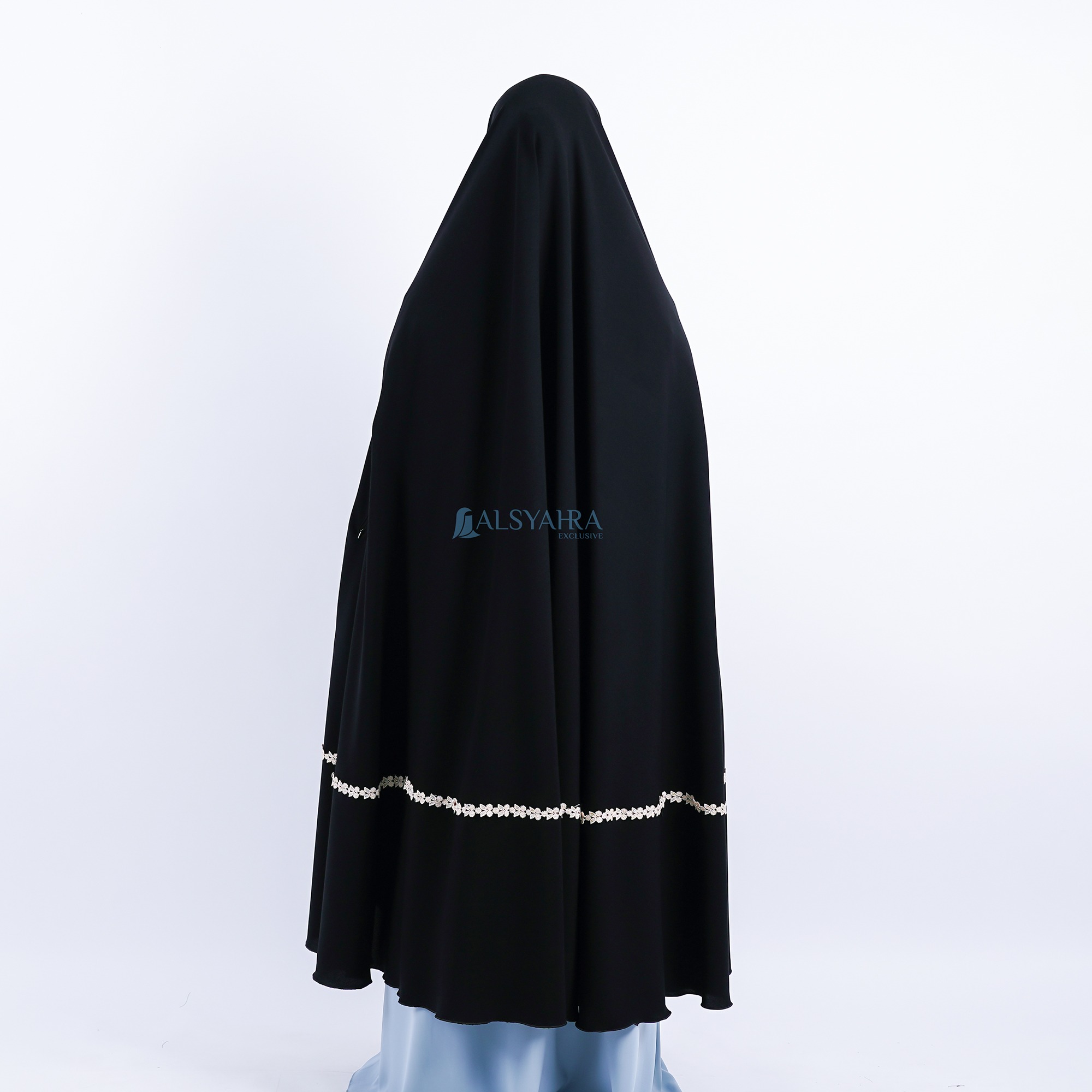 Alsyahra Exclusive - Set Long Khimar Like Mukena Handzipper Nailah Haramain Niqab Poni Soft Jetblack