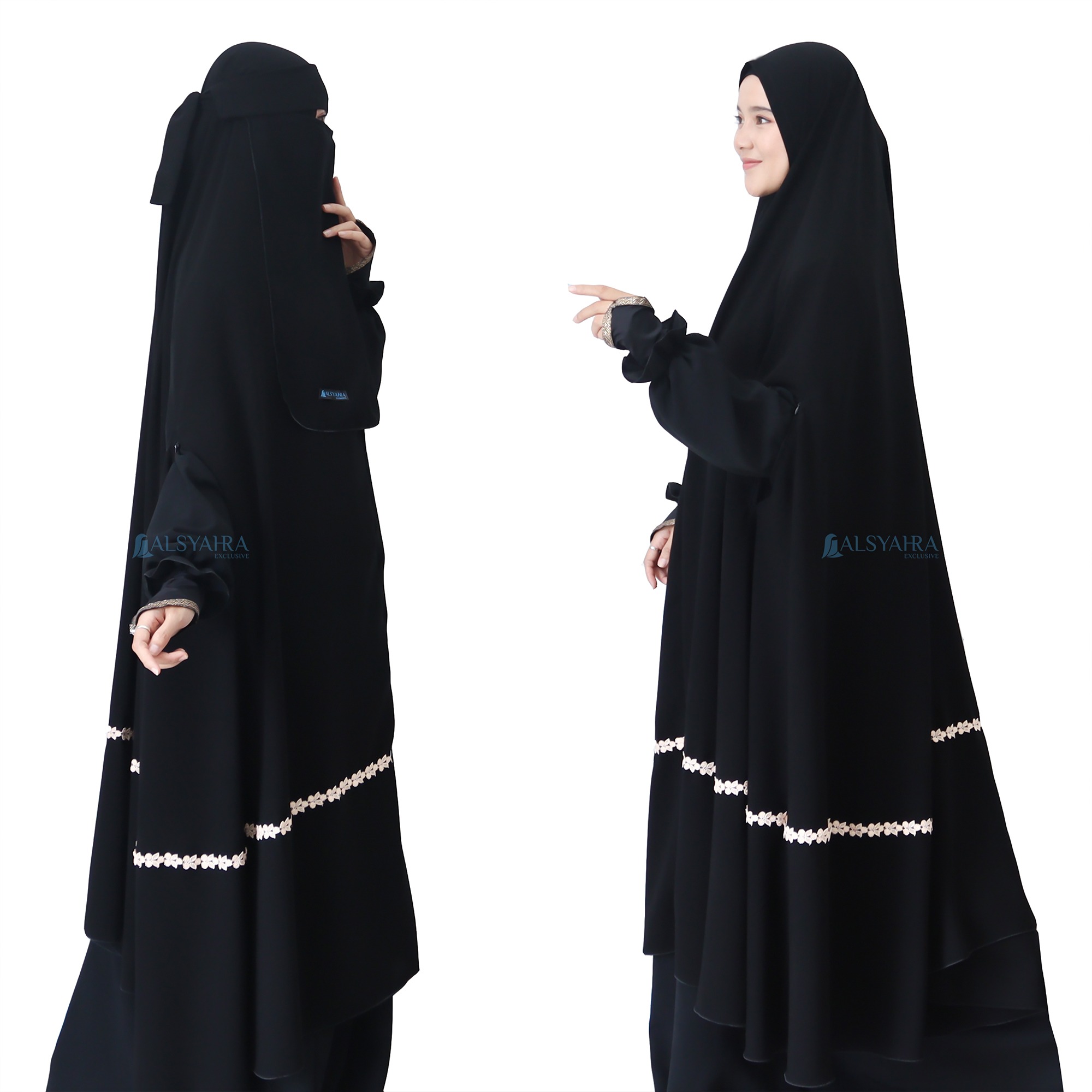 Alsyahra Exclusive - Set Long Khimar Like Mukena Handzipper Nailah Haramain Niqab Poni Soft Jetblack