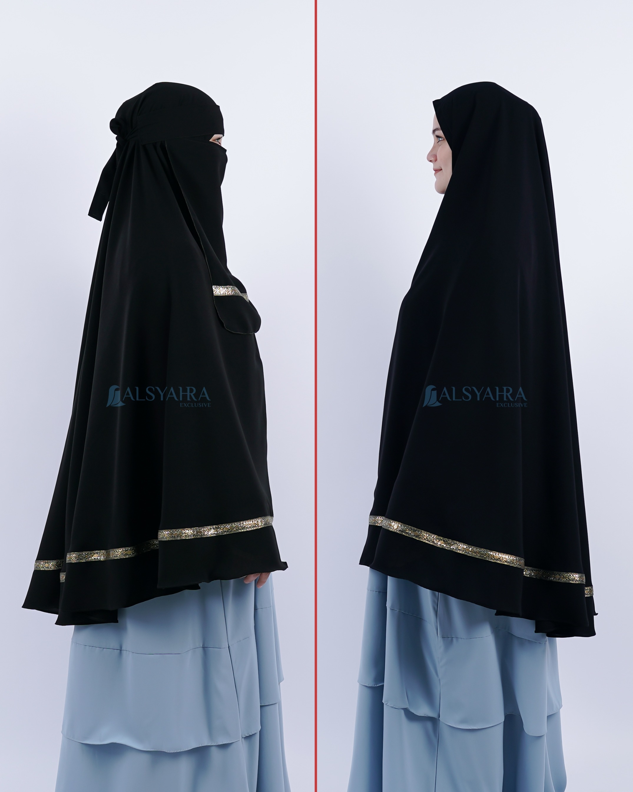 Alsyahra Exclusive - Set Khimar Syari Pita India Non Pad Niqab Bandana Jetblack
