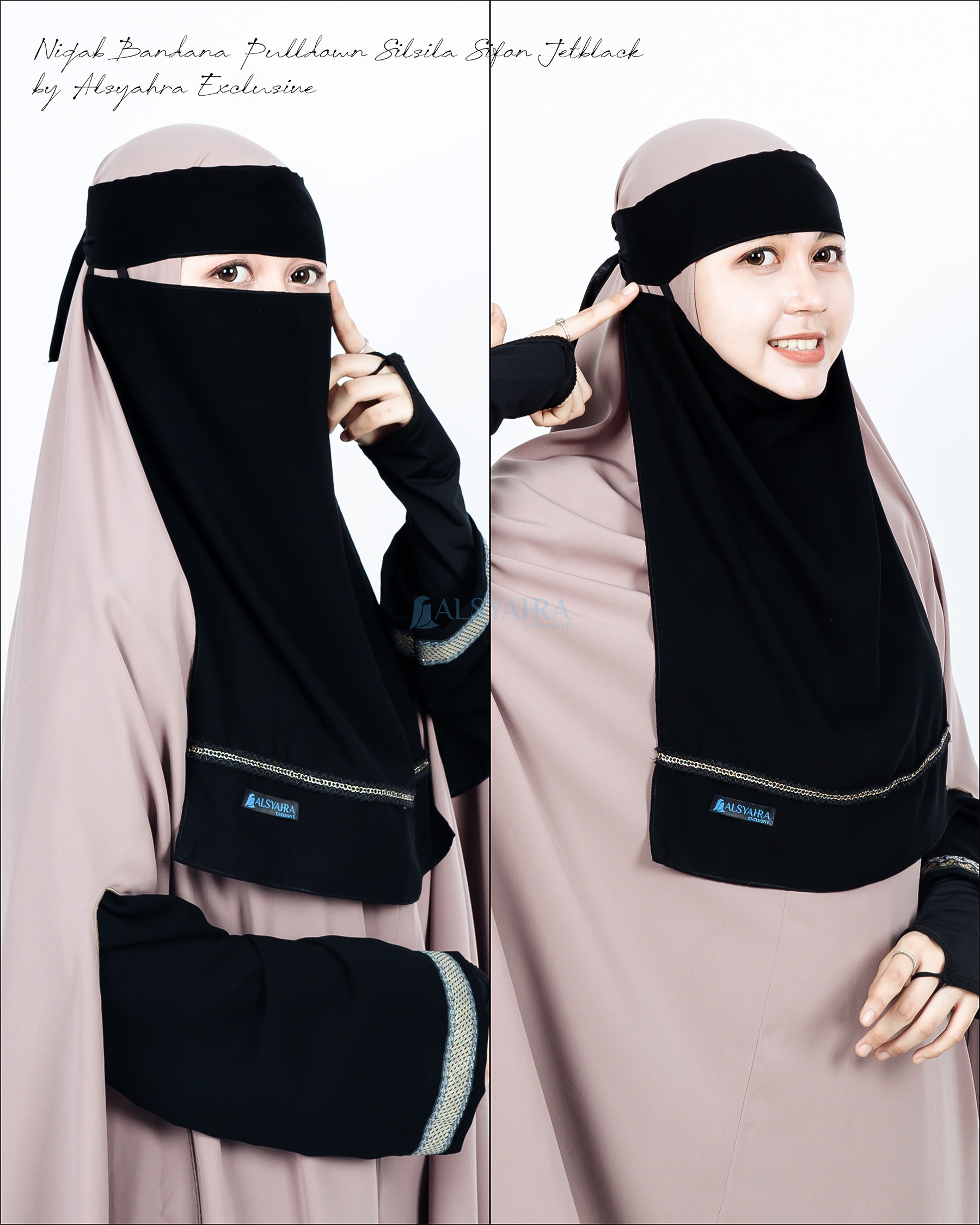 Alsyahra Exclusive - Niqab Bandana Pulldown Silsila Sifon Silk Jetblack Arab
