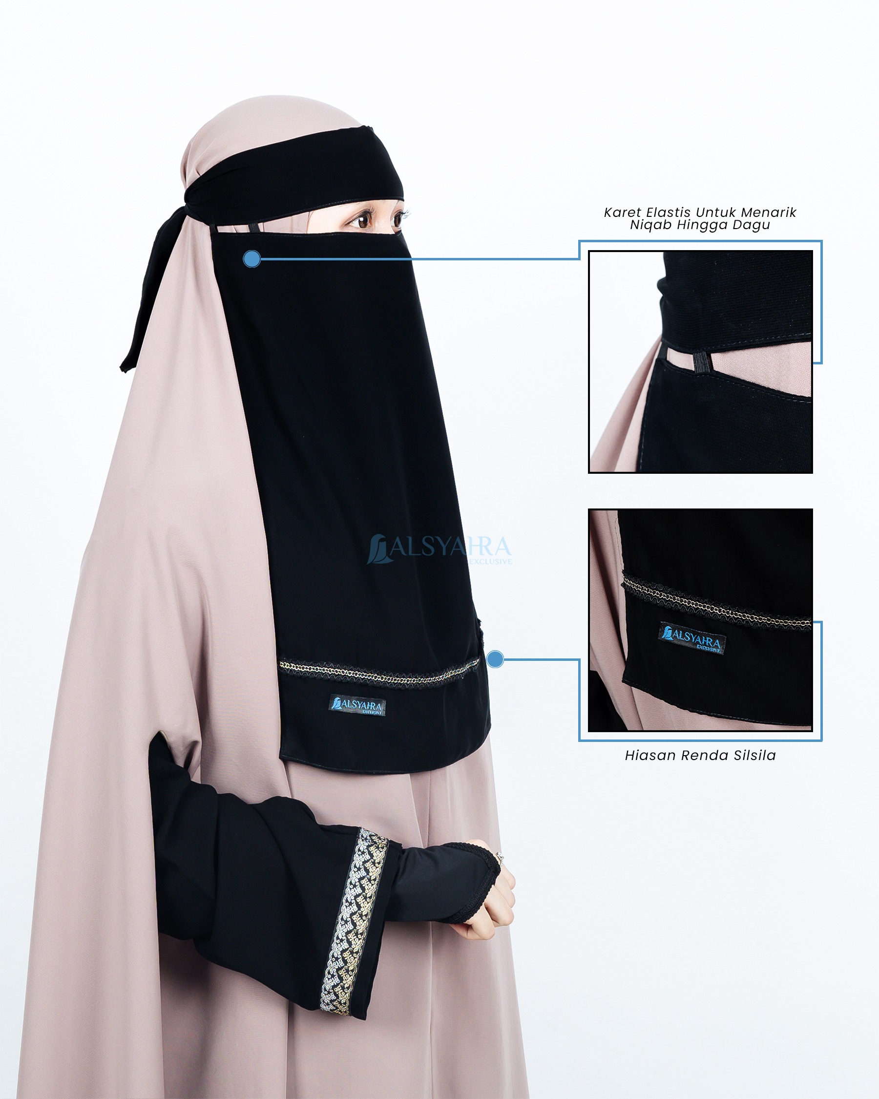 Alsyahra Exclusive - Niqab Bandana Pulldown Silsila Sifon Silk Jetblack Arab