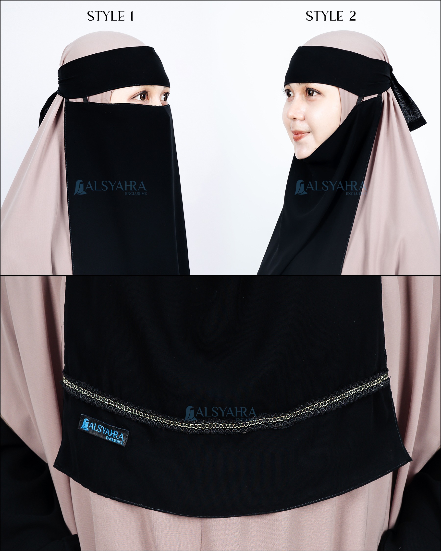 Alsyahra Exclusive - Niqab Bandana Pulldown Silsila Sifon Silk Jetblack Arab